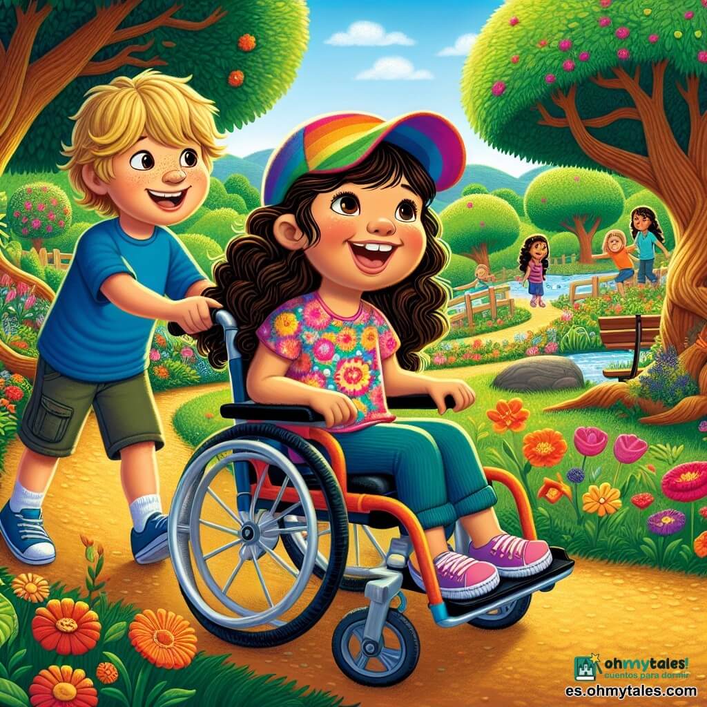 Una niña de 12 años, Lucía, sonriente y llena de determinación, está sentada en su silla de ruedas. Tiene el cabello rizado y castaño, lleva una gorra colorida y una camiseta con estampado de flores. Sus ojos brillan de emoción mientras guía a sus amigos por el parque. A su lado, Mateo, un niño de 12 años con el cabello corto y rubio, empuja suavemente la silla de ruedas con una gran sonrisa. Lleva una camiseta azul y pantalones cortos, y parece entusiasta, listo para ayudar. El parque es verde, con árboles majestuosos y un camino de tierra que serpentea entre flores coloridas, y un pequeño estanque que brilla al sol. La escena muestra a Lucía y sus amigos descubriendo las diferentes estaciones de la "Ruta de las Sensaciones", donde tocan texturas variadas y huelen flores, creando una atmósfera alegre y colaborativa.