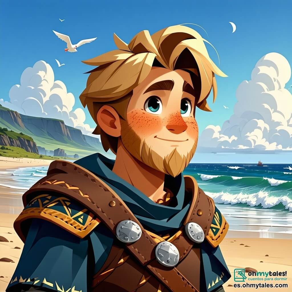 Un joven vikingo llamado Sigurd, de unos 16 años, está en la playa, con una sonrisa de asombro en su rostro. Tiene el cabello rubio y despeinado, una barba incipiente y lleva una túnica de cuero decorada con motivos nórdicos. Sus ojos brillan de emoción mientras mira el horizonte, donde se dibuja una nueva tierra. A su lado, Erik, un chico de 15 años con cabello castaño y ojos brillantes, también observa el mar. Lleva una capa de lana y pantalones de cuero, y sostiene un mapa antiguo en sus manos, que muestra tesoros ocultos. Ambos están sobre la arena dorada, rodeados de olas brillantes y gaviotas que vuelan sobre ellos. El lugar es una playa salvaje, con montañas nevadas al fondo, bosques verdes y rocas escarpadas. El cielo es de un azul brillante, salpicado de nubes blancas. La escena principal muestra a Sigurd y Erik, maravillados por la belleza de la tierra desconocida que se extiende ante ellos, listos para embarcarse en una nueva aventura, llenos de esperanza y curiosidad.