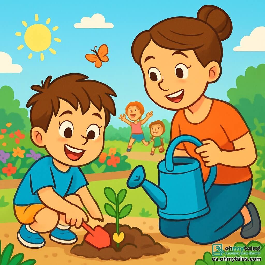 Un niño de 6 años, llamado Samuel, con cabello castaño despeinado y una gran sonrisa alegre, está agachado en un jardín soleado, sosteniendo una pequeña pala roja. Lleva una camiseta azul brillante y un short amarillo, con sus ojos brillando de emoción mientras planta una joven flor en la tierra. A su lado, la mamá de Samuel, una mujer de unos 30 años con cabello castaño recogido en un moño, lo anima con una cálida sonrisa, sosteniendo un regadera azul en sus manos. Al fondo, el jardín comunitario está lleno de filas de flores coloridas, verduras verdes y niños pequeños jugando y riendo bajo un cielo azul claro. La escena muestra a Samuel y su mamá trabajando juntos, rodeados de la belleza de la naturaleza, mientras mariposas vuelan a su alrededor, añadiendo un toque mágico a este momento de compartir y aprender.