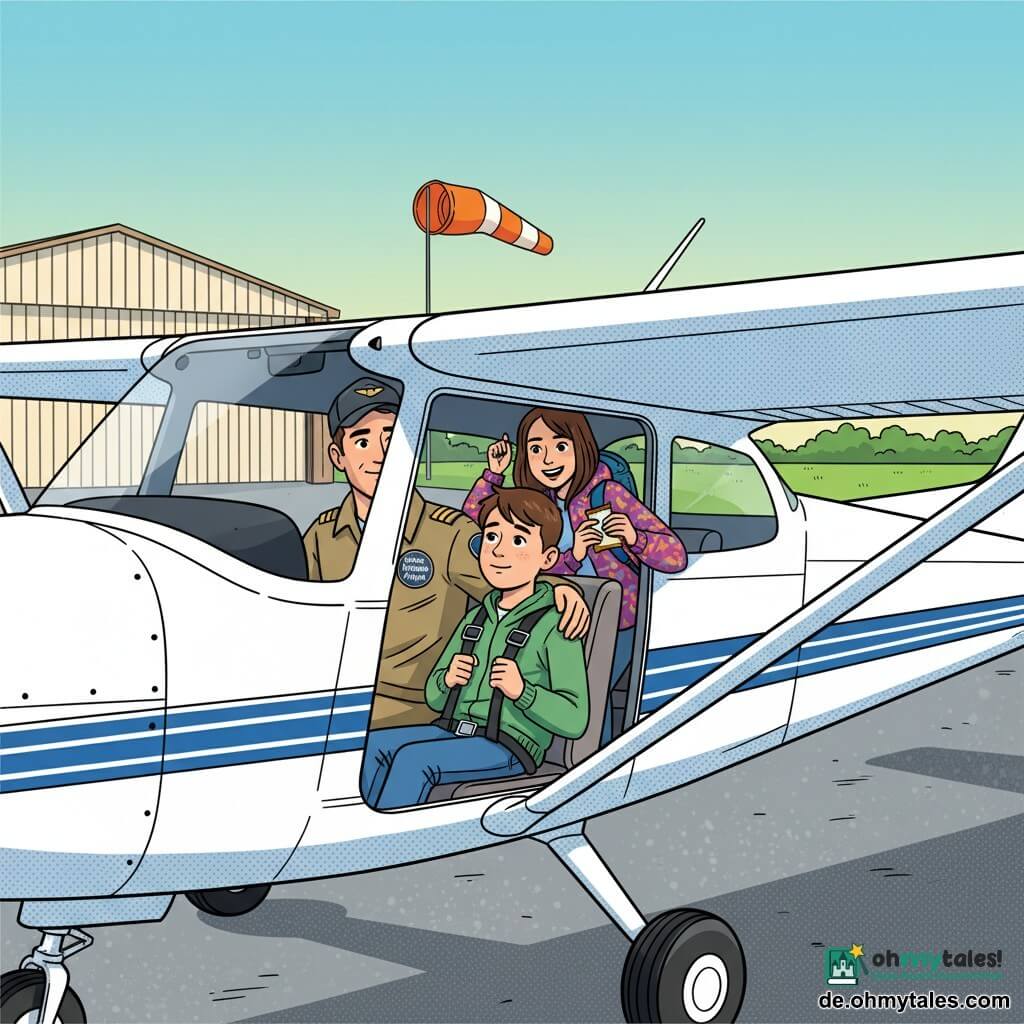 Ein etwa 30-jähriger Fluglehrer mit beruhigendem Gesicht, sanftem Lächeln und aufmerksamem Blick trägt eine khakifarbene Pilotenjacke mit Abzeichen "Hören. Denken. Fliegen.", Pilotenkappe und legt leicht die Hand auf die Schulter des Schülers im Cockpit; der Junge Leo (ca. 12) wirkt erleichtert und etwas schüchtern, kurz braune Haare, noch die Hände am Gurt, sitzt rechts im weißen Cessna mit blauem Streifen und schaut den Piloten bewundernd an; das Mädchen Mia (ca. 16) sitzt auf der Rückbank, schalkhaft lächelnd, bunte Jacke und Rucksack, packt einen kleinen Snack aus und beugt sich ermunternd vor; Schauplatz ein kleiner Flugplatz mit grauem Boden, cremefarbenem Hallenblech im Hintergrund, orangefarbener Windsack, kurz gemähte grüne Wiese und glänzende Asphaltpiste bei warmem Morgenlicht, Szene nach der Landung, ruhige, vertrauensvolle Stimmung, klare Kompositionen, kräftige Farben, Pop‑Art‑artige Konturen und goldene Lichtstimmung.