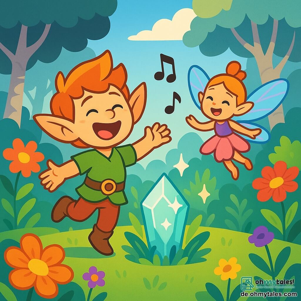 Ein junger Elf namens Lilo mit großen spitzen Ohren und glänzendem Haar wie Herbstblätter tanzt fröhlich um einen funkelnden Kristall. Sein Gesicht strahlt mit einem großen Lächeln, und seine Augen funkeln vor Aufregung und Neugier. Neben ihm fliegt eine kleine Libellenfee namens Mili mit schimmernden, durchsichtigen Flügeln und lacht, während ihre kleid aus Blütenblättern sanft in der Luft schwebt. Der Ort ist ein magischer Garten, gefüllt mit riesigen, bunten Blumen, großen silbernen Bäumen und goldenem Licht, das durch die Blätter filtert. Im Zentrum strahlt ein großer funkelnder Kristall, umgeben von leuchtenden Pflanzen. Die Hauptsituation zeigt Lilo und Mili, die zusammen singen, während dunkle Wolken sich entfernen und einen strahlend blauen Himmel freigeben.