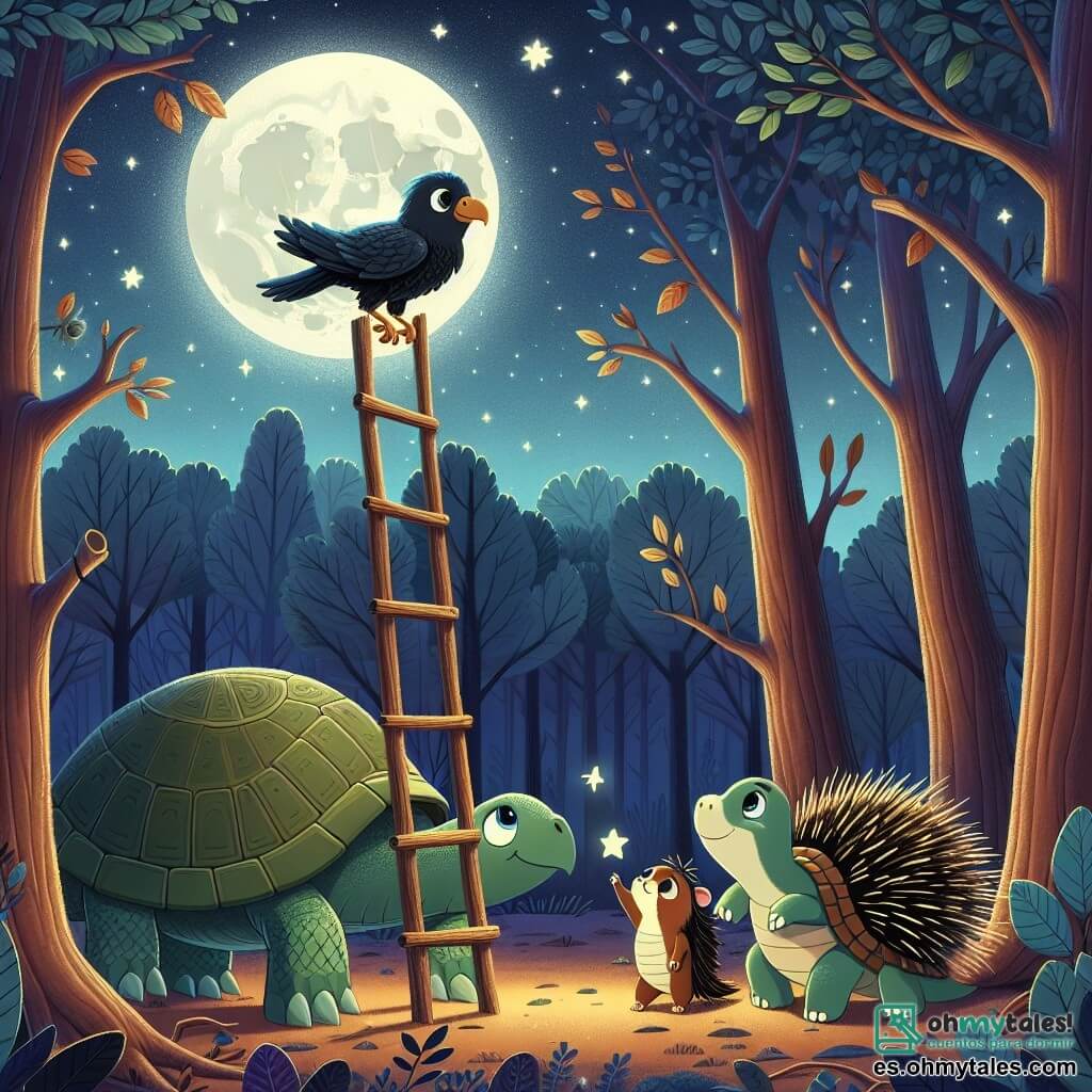 Un cuervo llamado Cosme, con plumaje negro brillante y ojos llenos de curiosidad, está posado en una escalera hecha de ramas y hojas, mirando con asombro la luna brillante en el cielo nocturno. A su lado, una tortuga llamada Filomena, con un caparazón verde y ojos sabios, lo anima con una sonrisa, mientras un joven puercoespín llamado Paco, con púas doradas, se encuentra abajo de la escalera, con las patas levantadas, listo para aplaudir a su amigo. La escena se desarrolla en un claro del bosque, iluminado por la suave luz de la luna, donde los majestuosos árboles se alzan a su alrededor, sus hojas brillando como estrellas. Cosme, lleno de entusiasmo, intenta alcanzar la luna para descubrir sus secretos, mientras sus amigos lo observan con admiración y emoción.