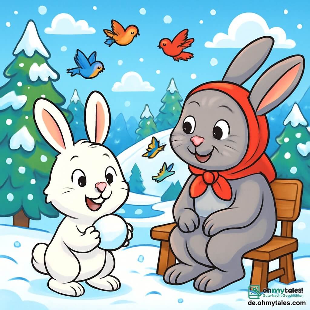 In der Mitte des Bildes befindet sich ein kleiner Hase mit großen Ohren namens Lukas. Er hat ein weiches, schneeweißes Fell und neugierige, glänzende Augen. Fröhlich lächelnd hält er eine Schneeball in seinen Vorderpfoten, bereit zum Spielen. Neben ihm sitzt seine Großmutter, eine große graue Häsin mit einem roten Schal, die ihn liebevoll anblickt, ihre Augen strahlen vor Glück. Sie sitzt auf einer Holzbank, umgeben von sanft fallenden Schneeflocken. Die Szenerie ist eine wunderschöne Winterlandschaft: majestätische Tannen, die mit funkelndem Schnee bedeckt sind, ein klarblauer Himmel mit flauschigen Wolken und ein großer verschneiter Hügel, auf dem andere Tiere fröhlich Schlitten fahren. In der Ferne glänzt ein kleiner gefrorener Teich in der Sonne, während bunte Vögel fröhlich umherfliegen. Die Szene zeigt Lukas und seine Großmutter am Anfang einer großen Schneeballschlacht, mit Lachen und Freude in der Luft.