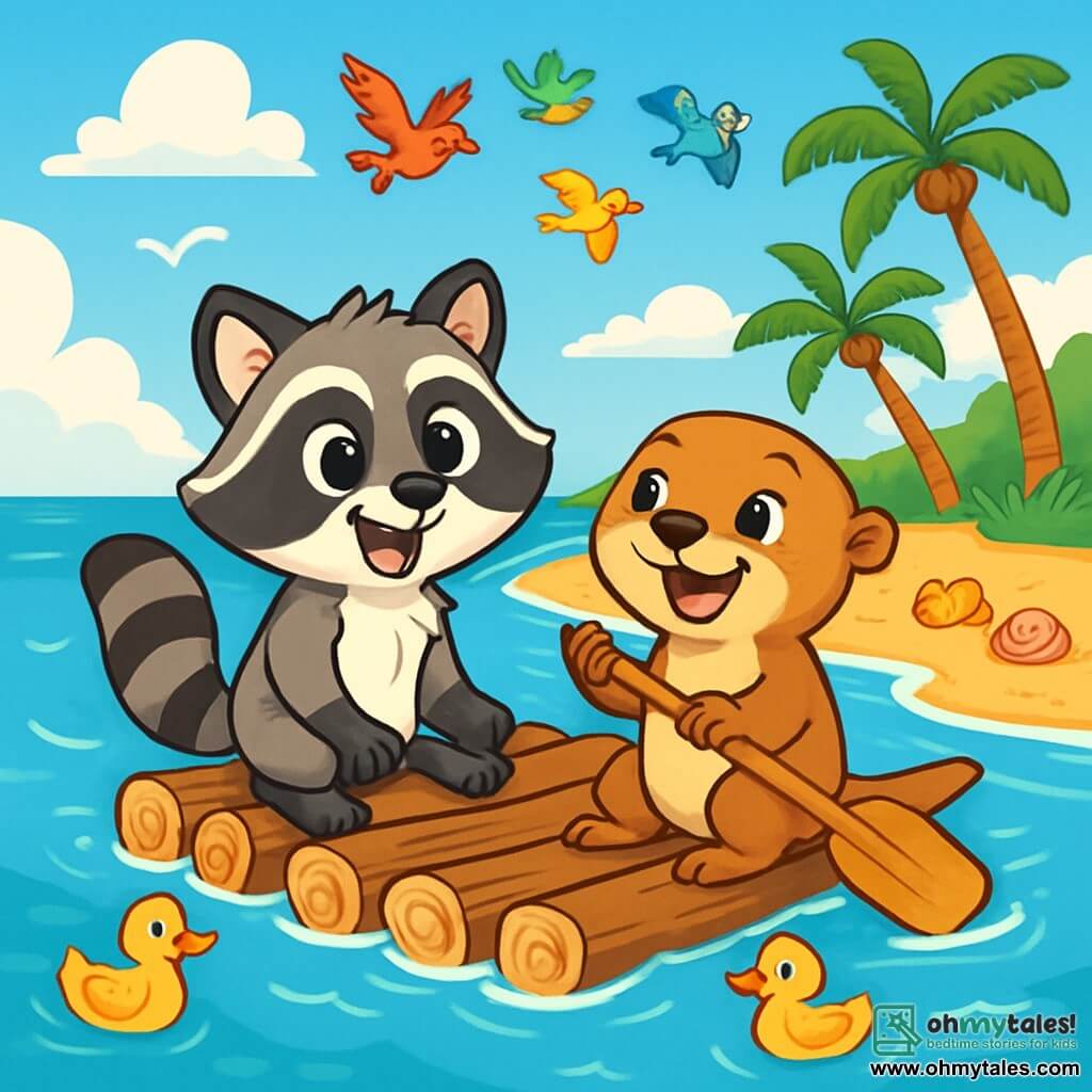 Max, a little raccoon with sparkling eyes and black and white fur, stands on a raft made of driftwood, wearing a big excited smile. He looks around in wonder, paws on the edge of the raft. Next to him, Penny, an adorable otter with shiny eyes and brown fur, joyfully laughs while holding a small paddle, ready to explore the sparkling waters. The setting is a sunny beach with gentle waves crashing on the golden sand, colorful seashells scattered on the shore, and palm trees swaying in the background. The sky is bright blue with a few fluffy white clouds. The main scene shows Max and Penny navigating their raft, surrounded by ducks happily swimming nearby, while a group of colorful birds flies above them. The atmosphere is joyful and adventurous, capturing the carefree spirit of summer vacation.