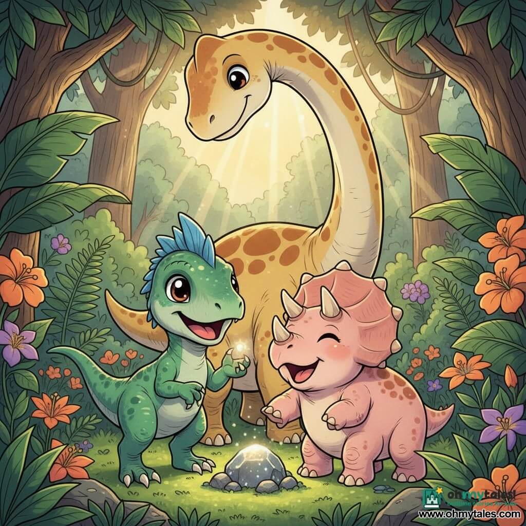 A small velociraptor named Rappy, cheerful and curious with big bright eyes, short emerald-green feathers and a sky-blue crest, smiling and reaching toward a small sparkling rock; Tilly the triceratops, round and gentle with pale pink skin and three rounded horns, laughing and nudging the rock to Rappy's right; Benny the brachiosaurus, tall and calm with a long beige speckled neck, watching gently from behind; sunny jungle with dark green broad leaves, ferns and orange and purple flowers, sunbeams filtering through; the three dinosaurs playing around a sparkling rock on a mossy patch in a warm, friendly, centered composition for toddlers.