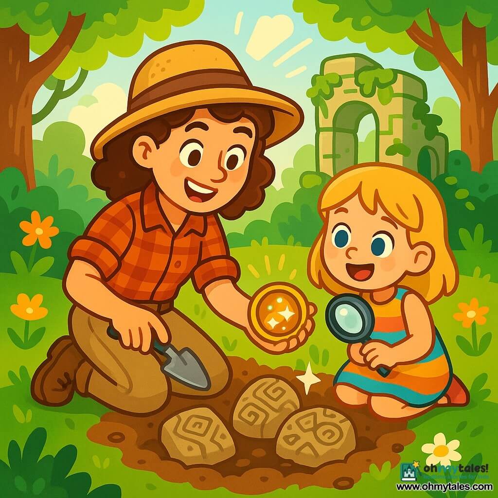 An enthusiastic archaeologist, a woman in her thirties with curly brown hair, wears a straw hat and a checkered shirt. She kneels in the dirt, a broad smile lighting up her face as she uncovers ancient stones adorned with mysterious patterns. Beside her, an 8-year-old girl named Lily, with blonde hair and sparkling eyes, watches in wonder. She wears a colorful dress and holds a magnifying glass, eager to explore the treasures of the past. Their surroundings are a lush clearing, surrounded by majestic trees and wildflowers, with sunlight filtering through the leaves. In the center of the scene, ancient ruins emerge from the ground, covered in moss and ivy, adding a touch of mystery to the atmosphere. The main situation shows the archaeologist and Lily discovering a hidden treasure together, with glimmers of light sparkling on ancient jewelry, as they share a moment of joy and excitement, ready to uncover the secrets of history.