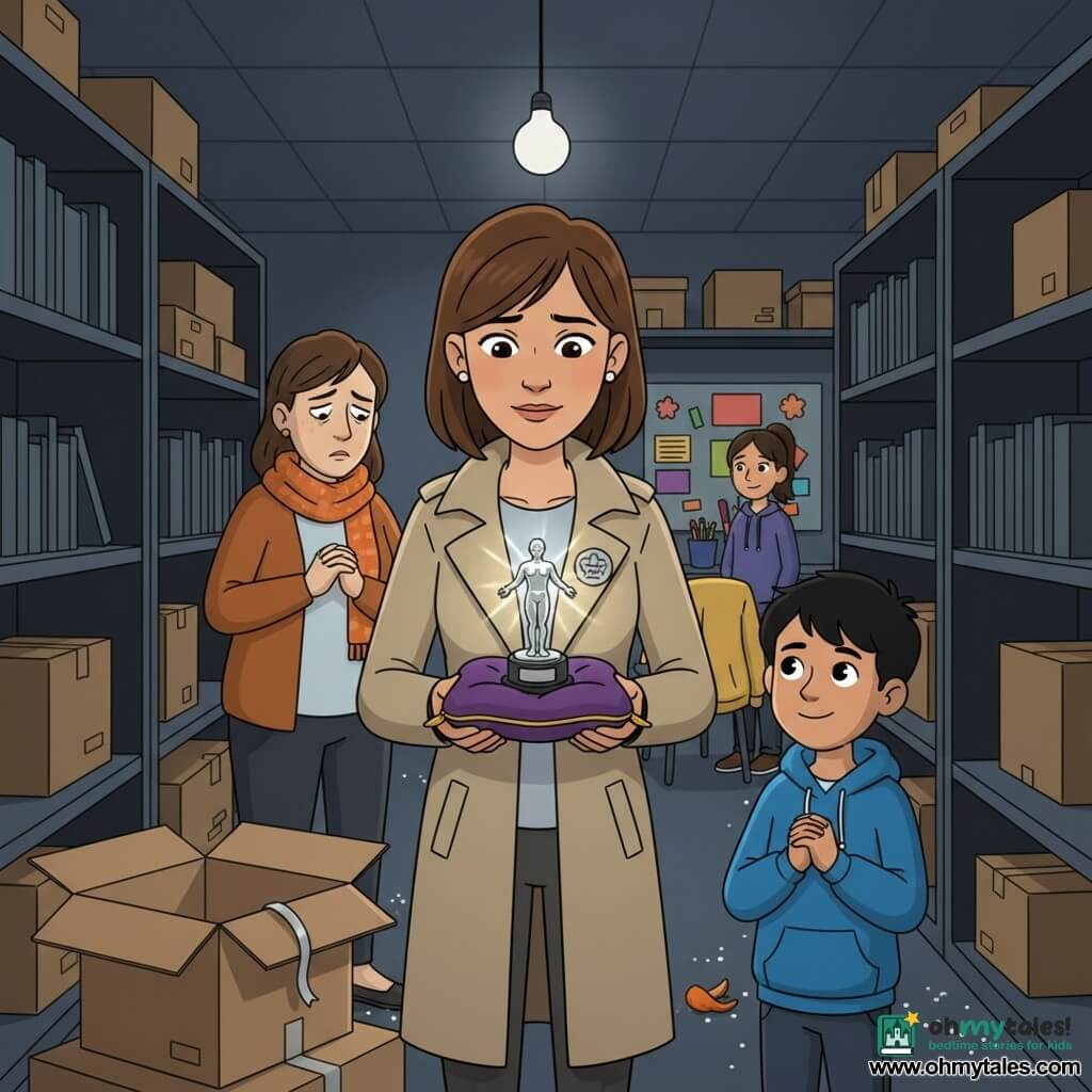 The protagonist is Mara, a focused compassionate detective with soft features and bobbed brown hair in a beige coat and round badge, gently holding a small silver statue on a velvet cushion; to her right and slightly forward stands Evan, an ~11-year-old boy with short black hair and a blue hoodie, watching admiringly with hands clasped, while behind and to the left Trudy Pike, ~40, looks guilty and tired with a bright orange scarf and clenched hands, and nearby a relieved ~16-year-old Jess with tied-back hair stands by a craft-corner chair draped with a yellow jacket. The scene is a narrow, dim library storage room with metal shelves, stacked cardboard boxes, a bare bulb casting sharp shadows, glitter and a sliver of orange peel on the floor; the composition centers on the shiny statue partly revealed in an unlabelled box with a protruding silver ribbon, the mood tense but relieved and vulnerable as all eyes focus on the statue.