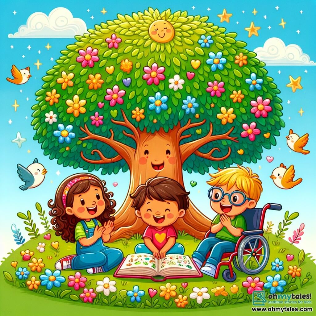 In a corner of the drawing, Mia, an 8-year-old girl with curly hair and a big smile, is sitting on the green grass, surrounded by colorful flowers. Next to her, Leo, a 7-year-old boy with brown hair and glasses, claps his hands enthusiastically. Sam, a 9-year-old boy in a red wheelchair, is joyfully smiling while holding an illustrated book on his lap. 

In the center of the illustration stands the majestic Kindness Tree, with a wide trunk and golden leaves shining in the sun, its branches extending like open arms. The sky is bright blue, dotted with fluffy white clouds, and birds are singing around the tree. 

The main scene shows the three friends listening attentively to the Kindness Tree, which seems to be telling them a magical story about kindness, with bursts of light emanating from its leaves, symbolizing joy and friendship.