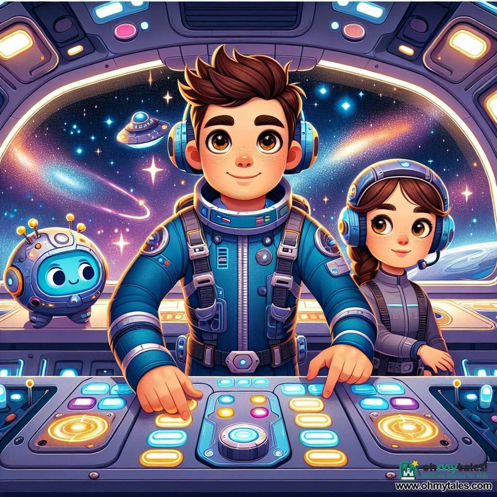 A man named Jonah is at the center of the image, wearing a blue spacesuit with silver details. His face is focused, with bright eyes full of excitement and a slight smile as he adjusts the controls of his spaceship, the Middensong. Next to him, a woman named Lena, around 30 years old, is wearing a gray jacket and practical pants. She is attentively observing the control screen, her brown hair neatly braided, showing a look of determination. A small round robot named Pebble floats nearby, with flashing lights on its body, ready to assist.

The spaceship is in a futuristic cockpit, with illuminated control panels and a large window offering a spectacular view of a field of twinkling stars and colorful nebulae. The scene conveys an atmosphere of adventure and discovery.

Jonah and Lena are working together to calibrate the ship's navigation system, surrounded by the beauty of space, while Pebble assists them by checking the tools.