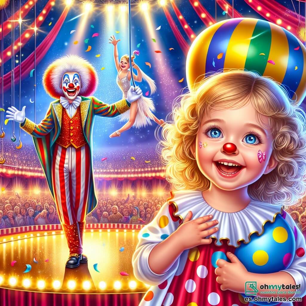 En el centro de la imagen, una niña de 3 años, Valentina, con grandes ojos azules y cabello rubio rizado, sonríe con asombro. Lleva un vestido colorido con lunares y sostiene un gran globo de circo. A su lado, un payaso alegre llamado Risas, de unos 30 años, con la cara pintada de blanco, una gran nariz roja y cabello alborotado, hace muecas mientras lanza confeti al aire. Al fondo, una trapecista elegante, Lila, de unos 25 años, vestida con un traje brillante, se lanza al aire con gracia, creando una atmósfera mágica. El lugar es una gran carpa de circo de colores vivos, con rayas rojas y amarillas, llena de espectadores asombrados. La situación principal muestra a Valentina y Risas en el centro del escenario, rodeados de confeti colorido, listos para hacer reír al público con su número cómico y alegre.