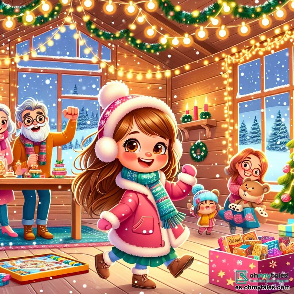 Una niña de 6 años, Lila, con largos cabellos castaños y ojos brillantes de alegría, baila con una gran sonrisa en su rostro. Lleva un bonito abrigo rosa y una bufanda colorida, rodeada de guirnaldas de Navidad brillantes. A su lado, su mamá, una mujer de unos 30 años con cabello castaño y una sonrisa cálida, prepara pasteles navideños en la mesa, añadiendo un toque de magia a la fiesta. Su vecino, don Carlos, un hombre de unos cuarenta años con barba canosa y un sombrero festivo, está sacando juegos de mesa de una gran caja colorida, listo para compartirlos con todos. La escena transcurre en una encantadora cabaña de madera, decorada con luces brillantes y copos de nieve que caen suavemente afuera, creando una atmósfera cálida y festiva. Lila y su familia se preparan para una alegre fiesta de Año Nuevo, llena de risas, bailes y deliciosos pasteles, mientras la nieve cubre el paisaje exterior con un suave manto blanco.
