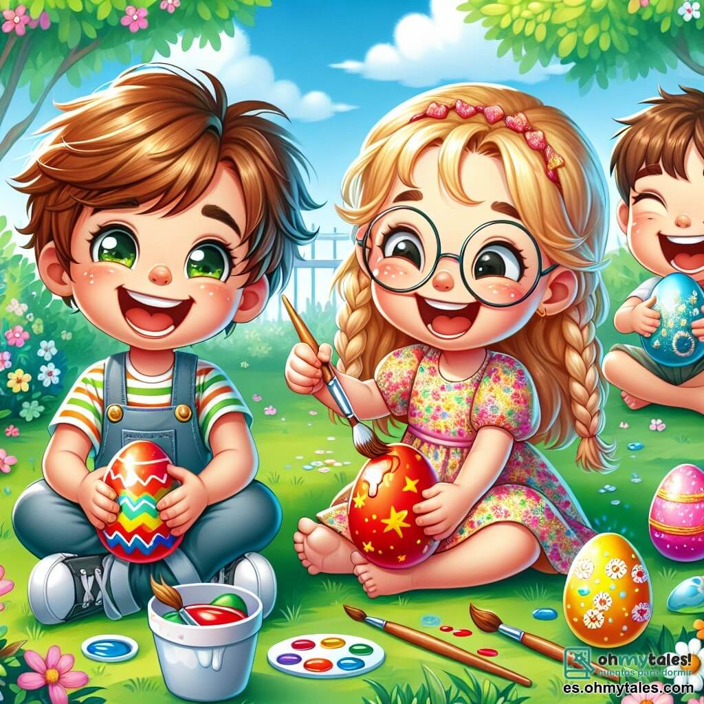 Un niño de 3 años, Lucas, con cabello castaño desordenado y grandes ojos brillantes, está pintando un huevo de Pascua rojo con un pincel. Sonríe ampliamente, lleno de emoción y alegría. A su lado, su mejor amiga Ana, una niña de 6 años con trenzas rubias, se concentra en un huevo amarillo que decora con estrellas brillantes. Lleva un vestido de flores coloridas y parece muy orgullosa de su trabajo. Un poco más lejos, Tomás, un niño de 5 años con cabello castaño y gafas redondas, admira su huevo azul escondido detrás de un arbusto, riendo con entusiasmo. La escena tiene lugar en un parque soleado, lleno de flores coloridas y árboles verdes, con huevos de Pascua decorados esparcidos por el césped, creando un ambiente festivo y alegre.