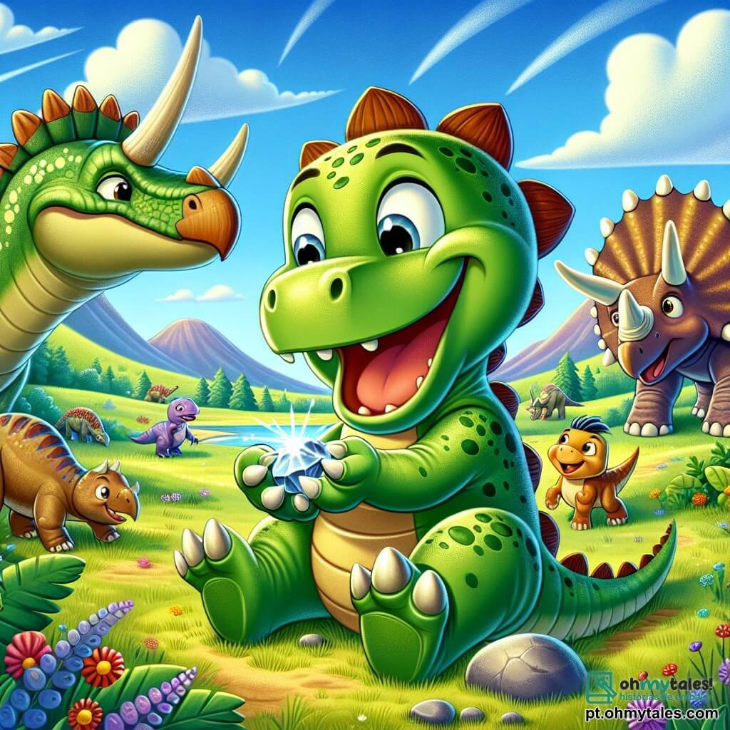 Um estegossauro alegre chamado Estego, com placas verdes e espinhos nas costas, está no centro da cena, sorrindo amplamente e segurando uma pedra brilhante com suas patas dianteiras. À sua direita, um tricerátopo amigável, com uma grande chifre e escamas marrons, olha para Estego com um sorriso, pronto para brincar. Ao fundo, um velociraptor ágil, com penas coloridas, se aproxima curiosamente, enquanto um brontossauro majestoso, com um longo pescoço, se inclina para observar a cena. O cenário é uma vasta planície verdejante, salpicada de flores coloridas e grandes árvores pré-históricas, sob um céu azul brilhante com algumas nuvens brancas e fofas. A cena principal mostra Estego, cercado por seus novos amigos, rindo e brincando juntos, ilustrando a alegria da amizade e a magia do encontro deles.