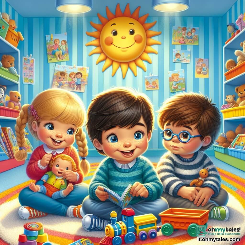 In una sala giochi colorata di un ospedale, tre bambini sono seduti insieme su un tappeto morbido. Luca, un ragazzo di quattro anni con capelli castani e occhi vivaci, sorride felice tenendo un piccolo treno di plastica. Alla sua destra, Sara, una bambina di quattro anni con capelli biondi e trecce, ride giocando con una bambola, i suoi occhi brillano di felicità. A sinistra, Marco, un ragazzo con capelli castani e occhiali tondi, guarda attentamente un libro illustrato, le sopracciglia leggermente aggrottate per la concentrazione. La sala è piena di colori vivaci: muri dipinti di blu cielo, scaffali carichi di giocattoli e disegni di bambini appesi ovunque. Un grande sole sorridente è dipinto sul soffitto, illuminando lo spazio di calore e gioia. I tre amici condividono storie immaginarie, ridendo insieme e creando un mondo fantastico, dimenticando per un momento di essere in ospedale.