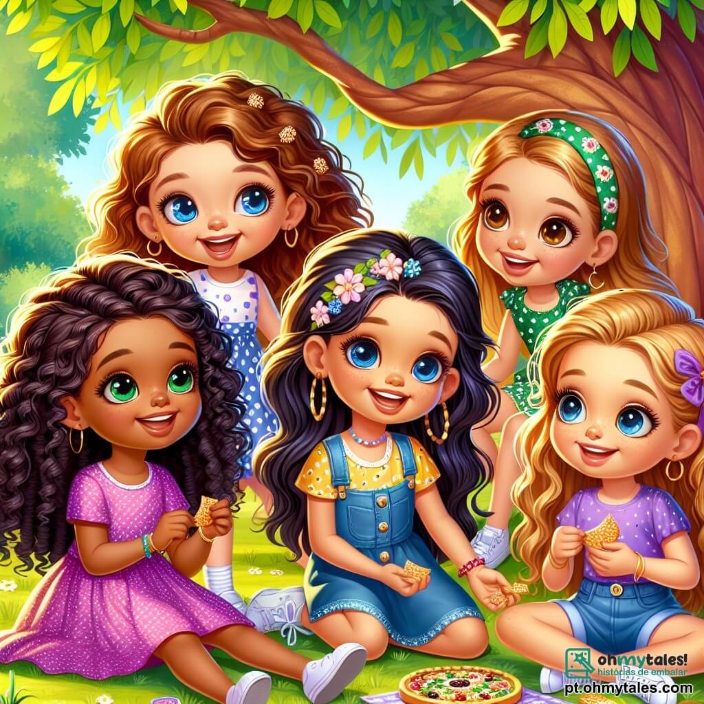 Em um parque ensolarado, quatro meninas estão reunidas ao redor de uma grande árvore com folhas verdes brilhantes. Mia, de 8 anos, com cabelos cacheados e olhos brilhantes, usa um vestido rosa com bolinhas brancas e sorri segurando um lanche. Sofia, de 7 anos, com cabelos loiros lisos e olhos azuis, está curvada para frente, ouvindo Yasmin. Júlia, de 9 anos, com cabelos negros trançados e pele caramelo, veste um vestido roxo e parece feliz ao compartilhar seu lanche com Yasmin. Yasmin, de 8 anos, com cabelos longos e ondulados, de cor castanho claro, e pele clara, usa um vestido colorido e sorri mostrando um prato de especialidades de seu país. O parque está cheio de flores coloridas, brinquedos para crianças e um céu azul claro, criando uma atmosfera alegre e acolhedora. As quatro meninas estão sentadas na grama, compartilhando lanches e rindo juntas, ilustrando a amizade e a tolerância. Yasmin ensina suas novas amigas a contar em sua língua, enquanto as outras tentam repetir, criando um momento de alegria e descoberta.