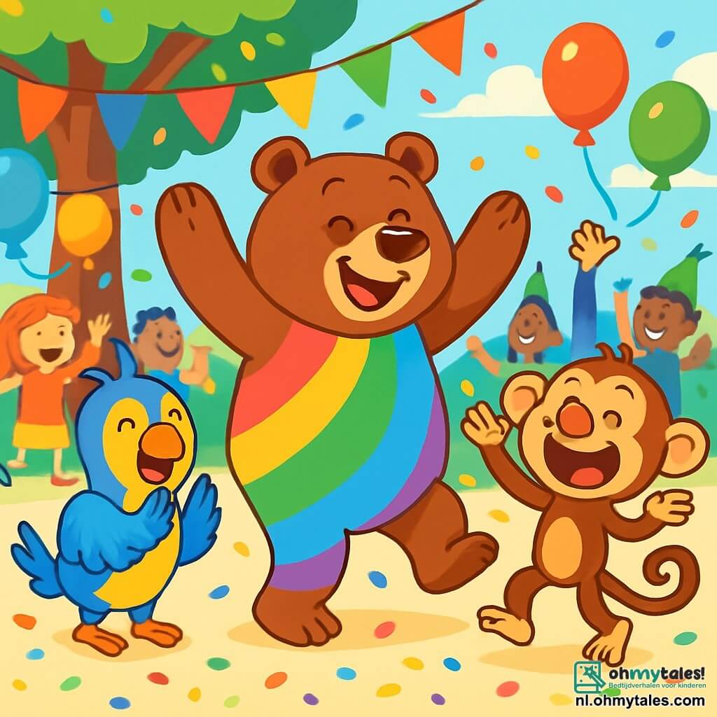 Een grote bruine beer genaamd Bas, met een brede glimlach en sprankelende ogen van vreugde, danst vrolijk midden in een carnavalsfeest. Hij draagt een kleurrijk kostuum in de vorm van een regenboog met schitterende kleuren van rood, oranje, geel, groen, blauw en paars. Naast hem staat een mooie parkiet genaamd Pia, met stralende blauwe en gele veren, die enthousiast applaudisseert, haar gezicht straalt van blijdschap. Een ondeugende aap genaamd Ap, met een groot rood hoofd en een grote clownneus, maakt gekke gezichten terwijl hij om hen heen springt en luid lacht. Op de achtergrond staat een grote boom versierd met kleurrijke slingers en zwevende ballonnen, terwijl kinderen en volwassenen dansen en zingen op een levendig plein, vol met kleurrijke confetti die door de lucht vliegt. De scène straalt een feestelijke en blije sfeer uit, vol felle kleuren en stralende glimlachen.