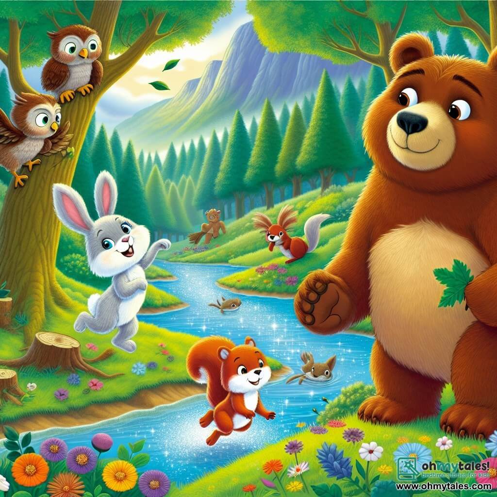 A bear named Benny, big and fluffy with brown fur and sparkling kind eyes, stands by a shallow river, looking concerned yet determined. Next to him, Lily, a small white bunny with big ears, joyfully hops while pointing to a tall hill full of colorful flowers. Sammy, a red squirrel with a bushy tail, climbs a tree branch, holding a leaf in his small paws, ready to help. Ella, a wise owl with brown feathers and round eyes, flies above them, pondering a plan. 

The setting is an enchanted forest with majestic trees, sunlight filtering through the foliage, and vibrant flowers scattered on the ground. The barely filled river sparkles in the light, while curious fish emerge from the water. 

The main scene shows Benny and his friends united, working together to build a dam using leaves and branches, with expressions of joy and determination on their faces, illustrating teamwork and friendship.