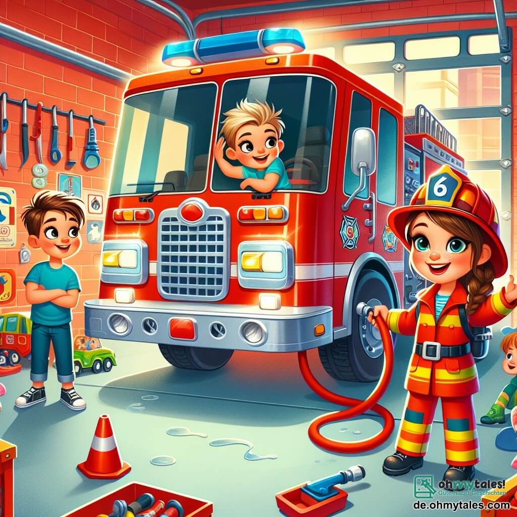 Luisa, eine mutige Feuerwehrfrau, trägt einen leuchtend roten Anzug und einen glänzenden Helm. Ihr Gesicht strahlt Freude und Begeisterung aus, während sie stolz den großen Feuerwehrwagen den Kindern zeigt. Max, ein etwa 8-jähriger Junge mit zerzausten braunen Haaren und einem blauen T-Shirt, hebt mit einem breiten Lächeln die Hand, fasziniert von dem Wagen. Lisa, ein 7-jähriges Mädchen mit geflochtenen blonden Haaren, schaut mit weit aufgerissenen Augen und hält einen kleinen Plastikschlauch in der Hand, bereit zum Spielen. Die Szene spielt sich in einer großen Feuerwehrgarage mit roten Wänden und überall hängenden Feuerwehrwerkzeugen ab. Der glänzende rote Feuerwehrwagen steht in der Mitte, umgeben von Spielen und Sicherheitsschildern. Luisa erklärt begeistert, wie man die Schläuche benutzt, während die Kinder Spaß daran haben, ein falsches Feuer zu löschen, Wasser spritzen und fröhlich lachen.