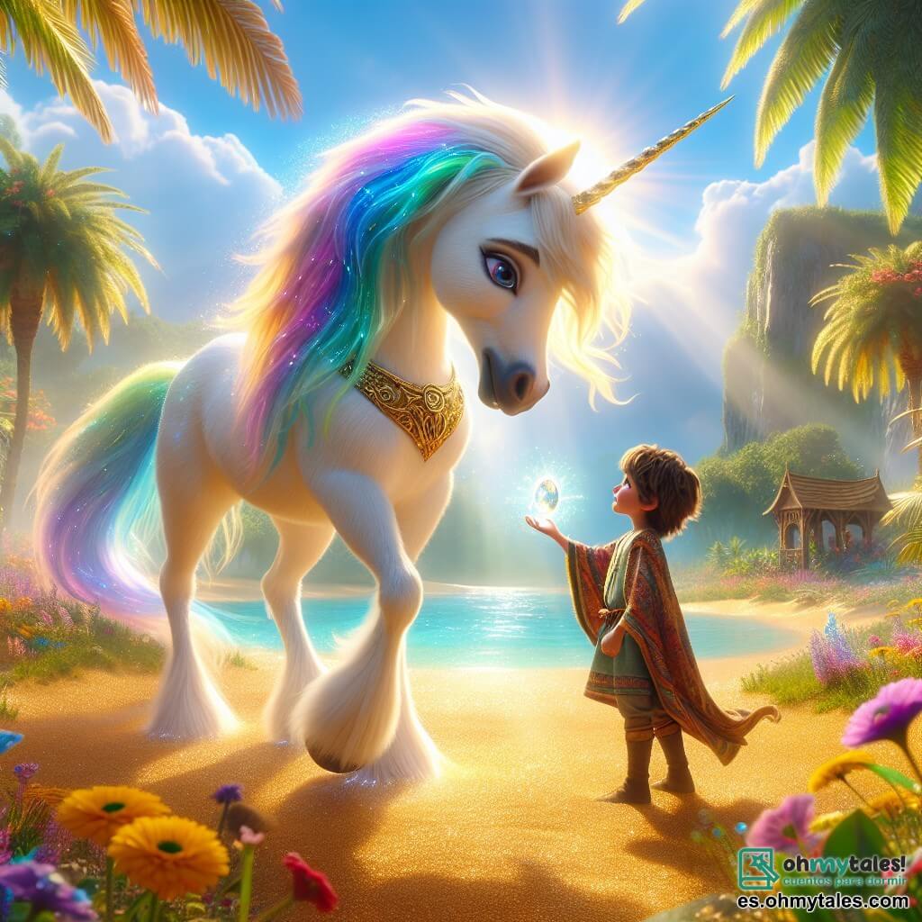 Una magnífica unicornio, llamada Lira, se encuentra en el centro de la imagen. Tiene un pelaje blanco brillante, ojos resplandecientes y una larga crin de colores del arcoíris que brilla bajo el sol. Lira expresa alegría y emoción con una sonrisa radiante mientras mira a un niño llamado Leo, que se acerca a ella con una piedra brillante en las manos. Leo, un niño de 8 años, tiene el cabello castaño desordenado y lleva una túnica colorida. Tiene una mirada decidida y amigable, y está justo frente a Lira, listo para ofrecerle la piedra mágica. El escenario es un oasis encantador, rodeado de dunas doradas que brillan bajo la luz del sol. Flores multicolores y palmeras exuberantes añaden un toque de magia al entorno. En el fondo, un cielo azul claro está salpicado de nubes blancas y esponjosas. La situación principal muestra a Leo extendiendo la piedra mágica a Lira, simbolizando su amistad recuperada después de un malentendido. Ambos personajes están rodeados de la belleza del desierto, ilustrando la magia y la alegría de su vínculo especial.