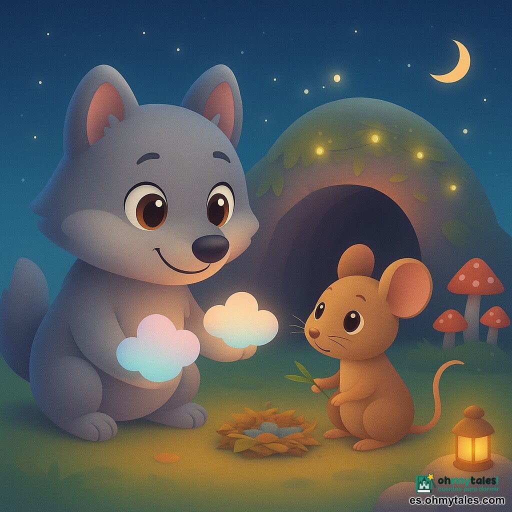Lolo, un joven lobuno pequeño y redondeado de pelaje gris y orejas redondas, con grandes ojos marrones y sonrisa tierna, se arrodilla ofreciendo dos pequeños cojines invisibles representados por destellos pastel en forma de nubes; junto a él, el ratoncito, una pequeña ratón pardo claro de bigotes finos y ojos asombrados y agradecidos, sostiene una brizna de hierba mientras acomoda un nidito de hojas y retazos junto a la entrada de una cueva convertida en guarida forrada de hojas doradas y musgo, con hongos rojos y una guirnalda de luciérnagas; cielo crepuscular azul índigo con luna en cuarto y estrellas, y una pequeña linterna sobre una piedra que aporta luz cálida; escena dulce y cómica, calma y reconfortante, colores pastel cálidos contrastando con el azul vespertino, texturas suaves y formas redondeadas.