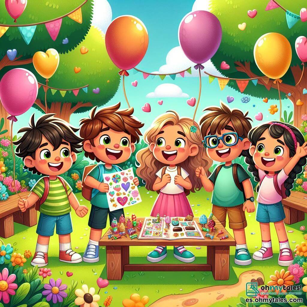 En un parque soleado, cuatro amigos están juntos, rodeados de flores coloridas y globos flotantes. Lucas, un niño de diez años con cabello castaño desordenado y una gran sonrisa, sostiene una tarjeta colorida y mira a sus amigos con emoción. Ana, una niña de diez años con cabello largo y rizado, lleva un vestido rosa y sonríe alegremente, lista para compartir sus ideas. Mateo, un niño de diez años con gafas y cabello rubio, se inclina hacia adelante, sosteniendo un corazón de chocolate, con aire curioso y entusiasta. Carla, una niña de diez años con trenzas y una camiseta azul, levanta los brazos, llena de energía, como si acabara de tener una gran idea. El parque está lleno de risas de niños, con árboles verdes, bancos de madera y una gran mesa decorada con dulces y tarjetas de San Valentín. Los amigos están preparando una fiesta sorpresa para celebrar la amistad, compartiendo tarjetas hechas a mano y golosinas, mientras ríen y se divierten juntos.