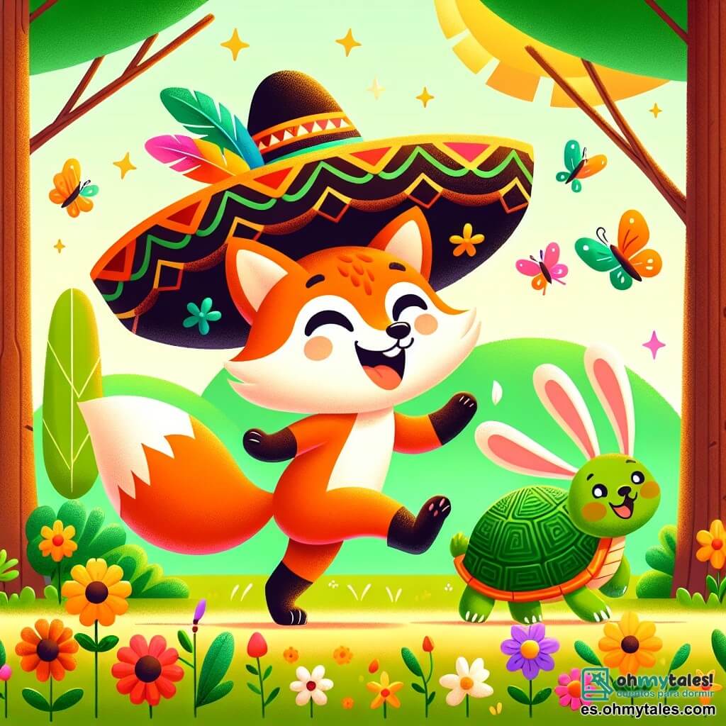 Un zorro de pelaje naranja brillante, con una sonrisa alegre y ojos chispeantes, lleva un gran sombrero negro con plumas de colores. Baila animadamente en una clara soleada, rodeado de flores brillantes y mariposas revoloteando. A su derecha, un pequeño conejo de grandes orejas blancas, con una expresión divertida, salta alegremente tratando de atrapar una hoja que vuela. A su izquierda, una tortuga de caparazón verde brillante, con un aire decidido, empuja una rama para ayudar al conejo. Al fondo, grandes árboles de troncos marrones y hojas verdes exuberantes forman un marco acogedor. La escena irradia una atmósfera de fiesta y camaradería, con risas y colores vivos que iluminan el paisaje.