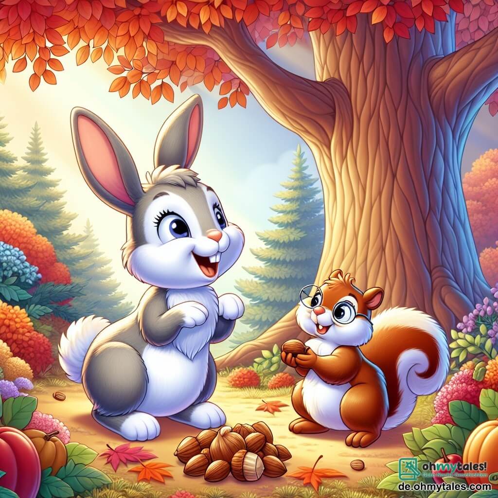 Ein kleiner grauer Hase mit großen Ohren und einem sanften Lächeln steht enthusiastisch auf seinen Hinterbeinen, mit leuchtenden Augen voller Aufregung, und bewundert einen majestätischen Baum mit leuchtend orangefarbenen und roten Blättern. Neben ihm sammelt ein weiser brauner Eichhörnchen mit einer kleinen Brille auf der Nase und einem jovialen Gesichtsausdruck Nüsse und lächelt freundlich zum Hasen. Die Szene spielt in einem zauberhaften Herbstgarten, wo der Boden mit bunten Blättern bedeckt ist und Sonnenstrahlen durch die Äste der Bäume filtern, was eine warme und einladende Atmosphäre schafft. Es ist der Beginn eines großen Erntefestes, bei dem der Hase und das Eichhörnchen sich darauf vorbereiten, die Fülle des Herbstes zu feiern, umgeben von Obst und Gemüse, bereit, ihre Freude mit all ihren Gartenfreunden zu teilen.