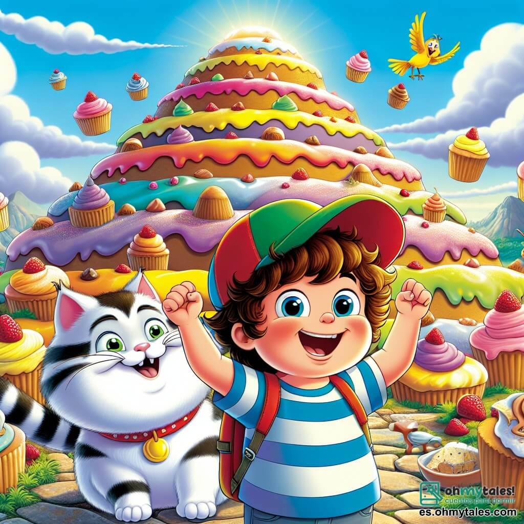 Un niño de 7 años, Nico, con cabello rizado y una gorra colorida, lleva una camiseta a rayas. Su rostro brilla con una gran sonrisa, mostrando su emoción mientras se encuentra en la cima de una montaña de pasteles, con los brazos levantados en señal de victoria. A su lado, un gato gordo y perezoso, Don Gato, con pelaje atigrado y ojos traviesos, está cómodamente instalado en la mochila de Nico, observando la escena con diversión. En el fondo, un pequeño pájaro amarillo, Pip, vuela alegremente alrededor de ellos, listo para ayudar en su aventura. El lugar es una montaña majestuosa hecha de pasteles coloridos, con laderas cubiertas de galletas crujientes y nubes de azúcar flotando, creando una atmósfera mágica y dulce. La situación principal muestra a Nico triunfante en la cima de la montaña, habiendo superado muchos desafíos para alcanzar un gran tarro de pasteles brillantes, rodeado de dulces y colores vivos, simbolizando la alegría y el logro.