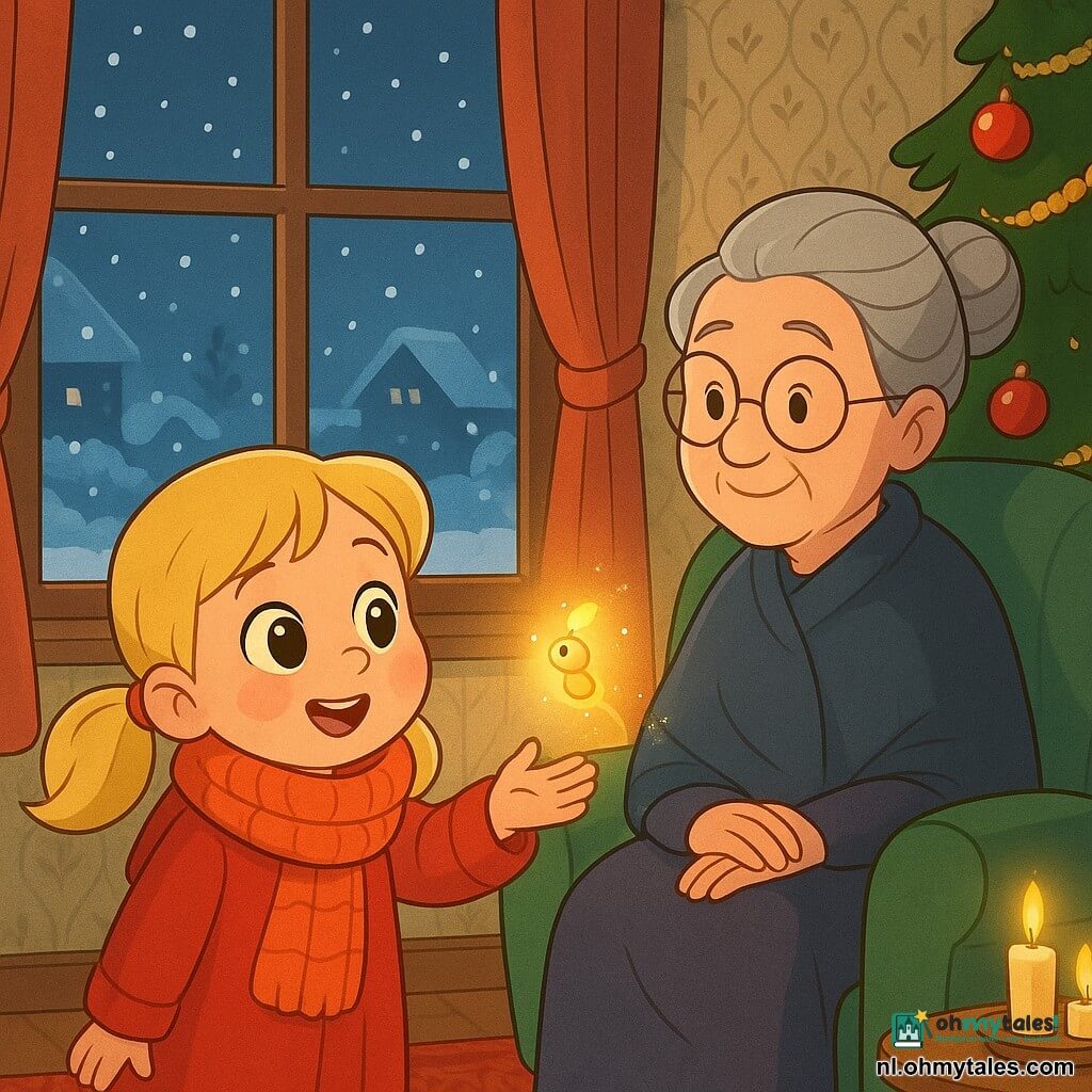 Een 4‑jarig meisje, Lena, ontroerd en vol verwondering, rond gezicht, roze wangen, grote heldere ogen, blonde staartjes, in een rode jas en dikke gebreide sjaal, reikt voorzichtig naar een klein lichtje op de vensterbank; een grootmoeder van ongeveer 70 jaar met grijs haar in een knot en ronde bril zit in een fauteuil bij de kerstboom en kijkt liefdevol; een klein lichtgeestje als een miniverlichte vuurvlieg met geel‑oranje gloed en fonkelend spoor zweeft op de vensterbank; het is een warme kerstwoonkamer met versierde kerstboom en kaarsen, buiten is het sneeuwachtig met witte daken — Lena ontdekt en nadert het magische lichtje tijdens een kerstavond, handen uitgestrekt, zachte, lichte sfeer.