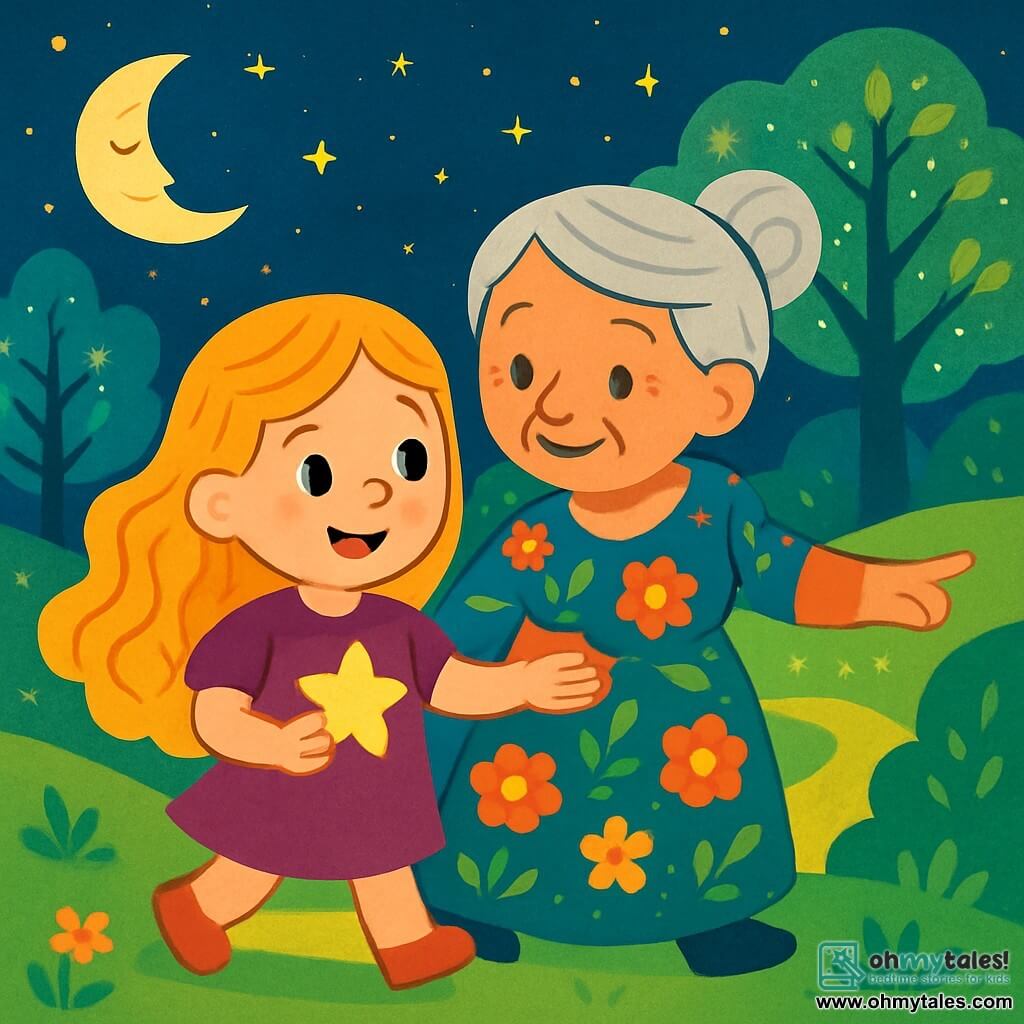 A young girl named Lila, around 8 years old, with long curly golden hair and sparkling curious eyes, stands at the center of the image, smiling and determined, holding a small shining star in her hand. Next to her is a wise old woman with silver hair and a warm smile, wearing a colorful flower-adorned dress, showing her the way. In the background, a magical landscape features lush hills, trees with shimmering leaves, and a starry sky with a faintly shining moon. Lila and the old woman are heading towards a mysterious source of light, seeking to restore the lost glow of the moon.