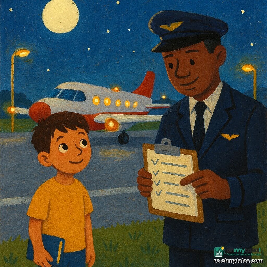 Radu, un băiat slab de circa 10 ani cu păr scurt brun și zâmbet timid, ține un caiet în mâna dreaptă și privește un mic avion alb-roșu pe pistă; pilotul, un bărbat de ~40 de ani în uniformă albastru-închis și șapcă, cu expresie caldă, îi arată o listă de verificare pe o planșetă, în timp ce peisajul e un aeroport de noapte liniștit cu pistă gri, lampadare galbene, iarbă joasă și o lună palidă pe cer înstelat — scena transmite calm și explicațiile blânde ale pilotului despre etapele zborului.