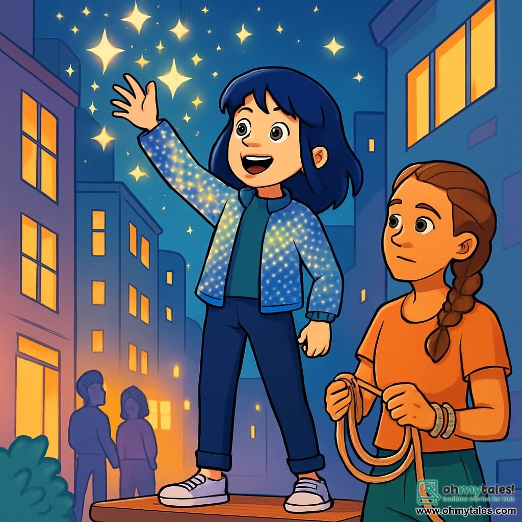 Nova Calder, a young woman with midnight blue hair, stands on a worn wooden bench, her face lit up with excitement and determination. She wears a shimmering jacket with reflective threads that catch the starlight around her, creating a magical atmosphere. Beside her, Cora Tangle, a woman in her thirties with braided hair and colorful rope bracelets, watches Nova intently, her expression a mix of curiosity and regret. She holds a length of rope in her hands, ready to use it to repair the connections between the streets of the city. The scene is set in a bustling alley of Astra City, where modern buildings with bright facades surround them, while twinkling stars float in the air, illuminating the faces of passersby who stop to watch. The main situation shows Nova using her powers to light the way for lost residents in the city, while Cora prepares to untangle the knots of confusion woven into the city's system, creating an atmosphere of collaboration and hope.