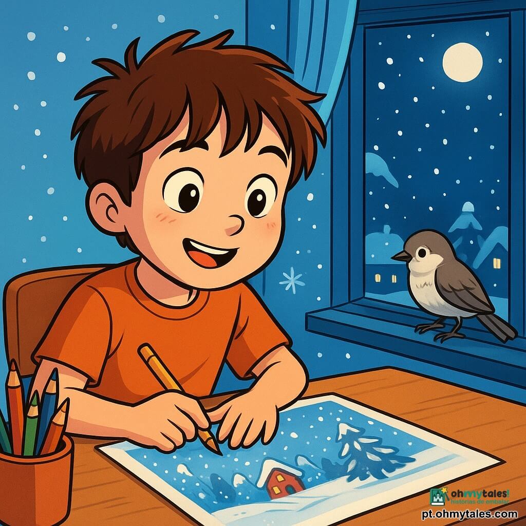Um garoto de 10 anos, Miguel, com cabelos castanhos bagunçados e olhos brilhantes de curiosidade, está sentado em sua escrivaninha, com um sorriso maravilhado no rosto. Ele segura um lápis na mão, concentrado em um desenho de paisagem de inverno, com flocos de neve caindo suavemente ao seu redor. Ao lado dele, um pequeno passarinho de penas cinzas e brancas está no parapeito da janela, com a cabeça inclinada, observando Miguel com olhos vivos e curiosos. A cena se passa em um quarto acolhedor, com paredes pintadas de azul claro, uma escrivaninha de madeira cheia de lápis de cor e uma janela aberta deixando entrar uma suave luz da lua. Do lado de fora, telhados cobertos de neve brilham sob a luz da lua, criando uma atmosfera pacífica. A situação principal mostra Miguel desenhando uma paisagem de inverno, inspirado pela beleza da neve e pela presença do pequeno passarinho, que lhe traz uma sensação de conforto e magia.