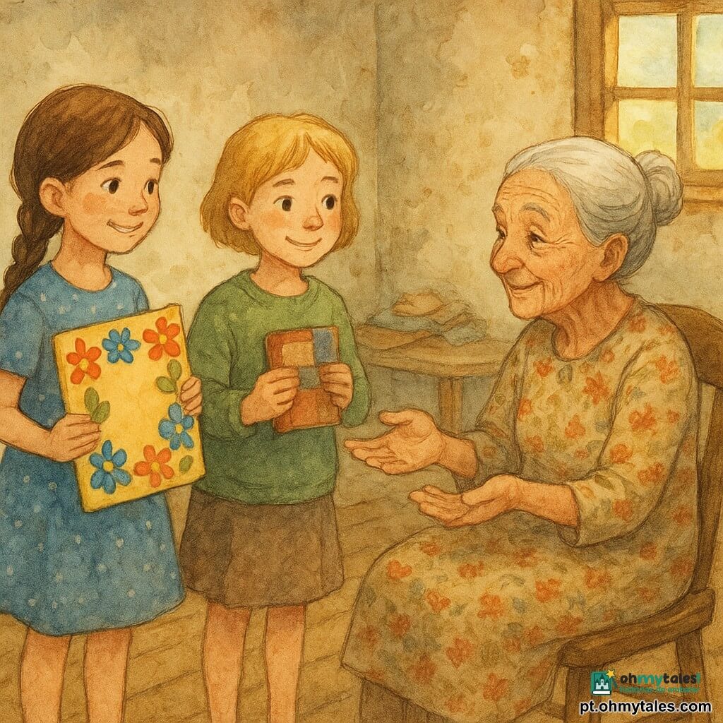 Há quatro personagens: três meninas (c. 9 anos) — uma de cabelo castanho em trança, vestido azul de bolinhas, segurando um quadro de papel com flores recortadas à esquerda; uma loira de cabelo curto, suéter verde gasto, no centro segurando um caderno restaurado com capa de tecido, olhando a avó com orgulho; e uma menina de cerca de 8 anos, cabelo preto preso, camisa às riscas e saia remendada, à direita oferecendo um colar de botões — e a avó (c. 72 anos), cabelos brancos em coque, rosto enrugado e expressão emocionada, sentada numa cadeira de madeira com as mãos abertas para receber os presentes. Local: interior de uma casa modesta com chão de madeira, paredes descascadas, mesa com toalha simples, janela aberta com luz suave e alguns brinquedos e retalhos num canto. Situação: as três meninas oferecem presentes feitos à mão à avó; cena calorosa e simples de ternura, surpresa, sorrisos e lágrimas de alegria, valorizando objetos reparados e coloridos.