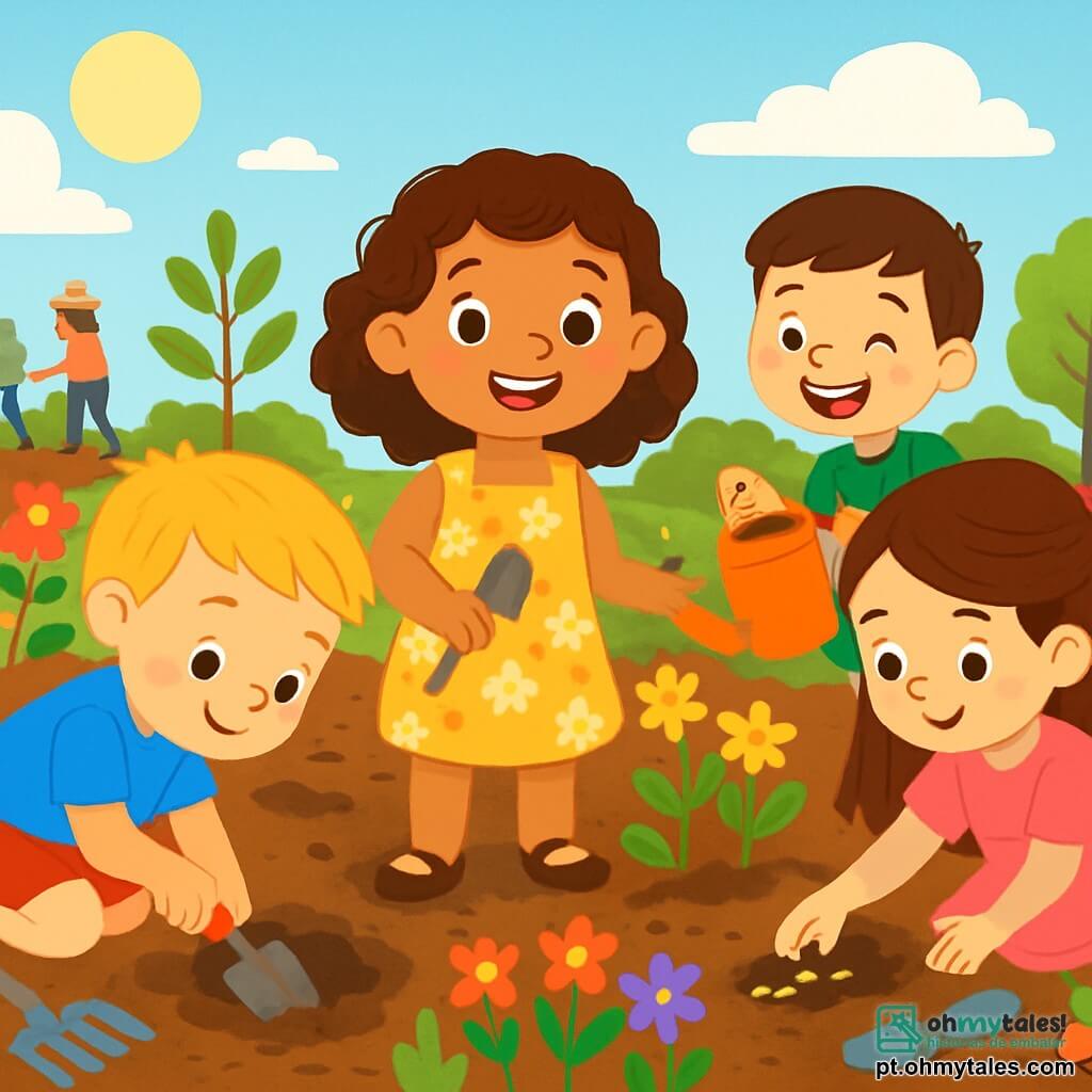 Há 4 crianças: - Matilde: uma menina de 5 anos, com cabelos castanhos e cacheados, vestindo um lindo vestido amarelo com flores. Ela está no centro, sorrindo, segurando uma pequena pá. - Tomás: um menino de 5 anos, com cabelos loiros e sardas, vestido com uma camiseta azul e shorts. Ele está à esquerda, cavando um buraco na terra. - Inês: uma menina de 5 anos, com cabelos longos e lisos, presos com uma grande presilha rosa. Ela usa um vestido rosa e está à direita, plantando sementes de flores. - Rui: um menino de 4 anos, com cabelos castanhos e um sorriso radiante, vestindo uma camiseta verde. Ele está atrás de Matilde, segurando um regador e regando as plantas. O local é um jardim comunitário ensolarado, cheio de flores coloridas, legumes verdes e pequenas árvores. Há ferramentas de jardinagem espalhadas ao redor, e adultos trabalhando ao fundo. O céu é azul com algumas nuvens brancas, e o solo é rico e marrom, salpicado de pequenas pedras. A cena principal mostra as crianças trabalhando juntas, rindo e ajudando-se a plantar flores e legumes, cheias de entusiasmo e alegria, criando um jardim lindo.