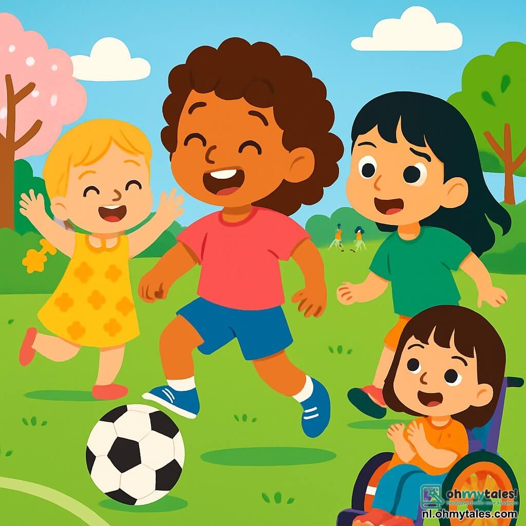 Er zijn 4 kinderen: Noor, een 8-jarig meisje met bruin krullend haar, in een roze t-shirt en blauwe shorts, staat in het midden en schopt een voetbal. Lila, een 7-jarig meisje met gevlochten blond haar in een gele bloemenjurk, staat links van Noor en lacht terwijl ze haar aanmoedigt. Sara, een 8-jarig meisje met steil zwart haar, in een groen t-shirt en korte broek, staat rechts van Noor en is klaar om naar de bal te rennen. Emma, een 9-jarig meisje met kastanjebruin haar en een pony, zit in een kleurrijke rolstoel achter Noor en applaudisseert. De locatie is een zonnige speeltuin met een goed onderhouden groen voetbalveld, omringd door bloeiende bomen en spelende kinderen op de achtergrond onder een blauwe lucht met witte wolken. De situatie toont de vier meisjes die samen voetballen, vol lach en vreugde, terwijl Noor de bal schopt en Lila en Sara erachteraan rennen, terwijl Emma enthousiast aanmoedigt. Het is een mooie scène van kameraadschap en vriendschap waar iedereen samen plezier heeft, ongeacht de verschillen.
