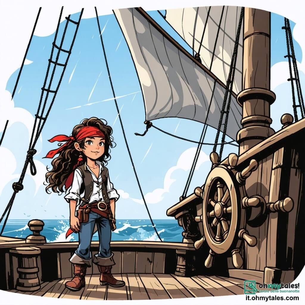 In primo piano, una giovane ragazza di dodici anni di nome Sofia si erge orgogliosamente sul ponte di una nave pirata. Ha lunghi capelli ricci che volano al vento, occhi brillanti di determinazione e un sorriso radioso. Indossa un gilet di pelle, una camicia bianca e un bandana rosso, tenendo saldamente il timone della nave, pronta ad affrontare la tempesta. Accanto a lei c'è il capitano Barbanera, un uomo di circa cinquant'anni con una lunga barba grigia e un cappello a tricorno, che guarda l'orizzonte con aria di orgoglio e incoraggiamento. Indossa una giacca di velluto nero e pantaloni di tela, e tiene una mappa del tesoro in mano, mostrando a Sofia la strada da seguire. Sullo sfondo, la nave, la Tempête des Mari, oscilla su onde tempestose, mentre lampi illuminano un cielo di tempesta. Le vele sono gonfiate dal vento e pirati di tutte le età si affaccendano intorno a loro, alcuni issando le vele, altri controllando le corde. La scena rappresenta il momento in cui Sofia, piena di coraggio, prende il controllo della nave durante una tempesta, pronta a guidare il suo equipaggio verso l'Isle des Secrets, simboleggiando lo spirito d'avventura e di camaraderie.