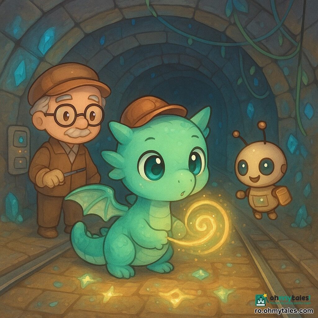 Sprint, un pui de dragon chibi curios și uimit, cu ochi rotunzi strălucitori, solzi verde mentă irizați, aripioare translucide, purtând o căciuliță cupru și o clopoțel la coadă, suflă blând peste o glifă luminoasă; în spatele lui plutește un robot-licurici chibi mic și rotund cu ochi de sticlă și antenă ridicată, ținând un carnet minuscul, iar din stânga un mecanic uman în vârstă, chibi, cu ochelari groși și mănuși, admiră mândru lângă un panou de control; scena are loc într-un tunel subteran din piatră netedă cu două șine argintii, glife luminoase între șine, cristale albastre și verzi încastrate în pereți, cabluri suspendate și o atmosferă caldă și sclipitoare; Sprint a descoperit o mică sală de arhivă ascunsă deschisă de glifa pe care a suflat, care se aprinde în spirală de lumină aurie și verde, iar rafturile cu sfere transparente proiectează imagini dansante, compoziție centrată, culori pastel vii, contraste blânde și texturi lucioase într-o ambianță science-fantasy magică și reconfortantă.
