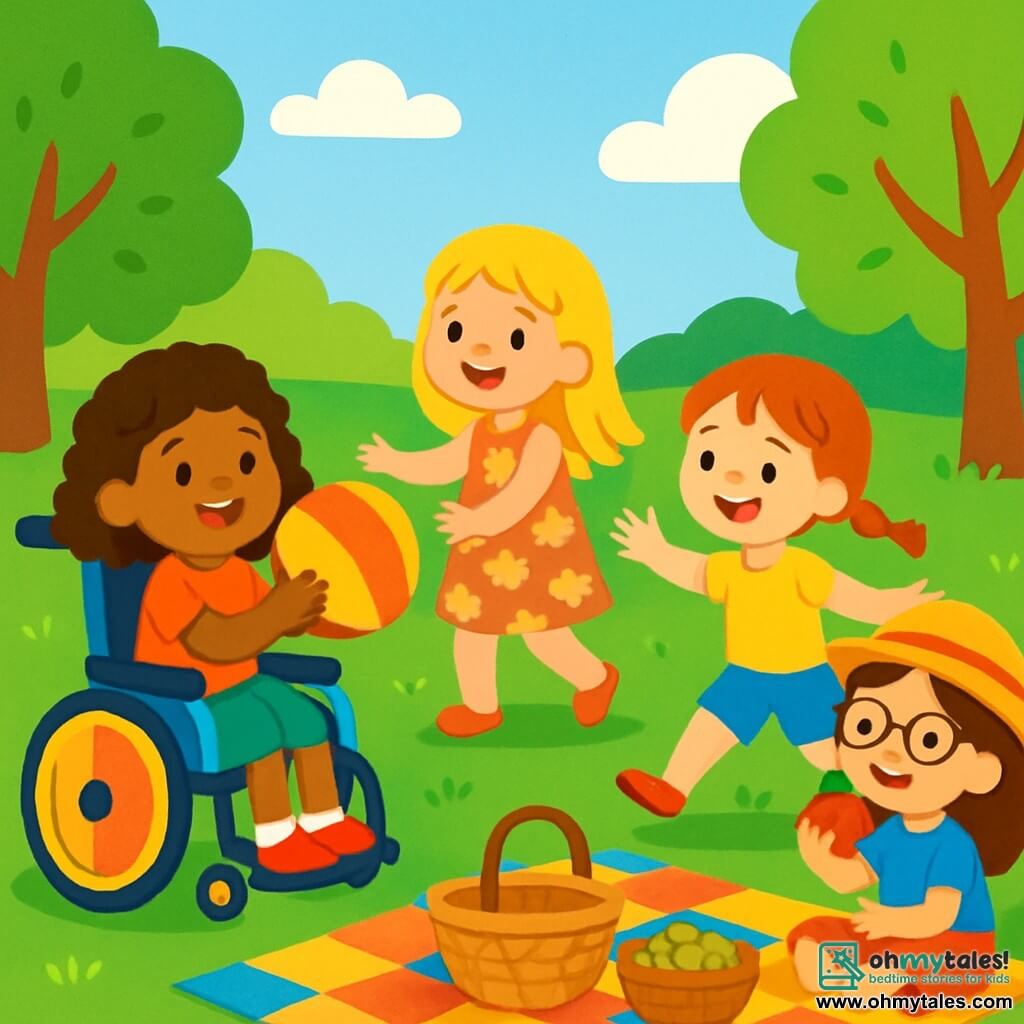 There are 4 children: Mia, a 7-year-old girl with curly brown hair, sitting in a colorful wheelchair, smiling and joyful, holding a balloon; Lily, a 6-year-old girl with straight blonde hair in a floral dress, standing next to Mia, ready to throw the balloon; Zoe, a 7-year-old girl with red hair in braids, wearing shorts and a t-shirt, running towards the balloon with open arms; and Ava, a 6-year-old girl with brown hair and glasses, wearing a straw hat, sitting on a picnic blanket eating an apple. The scene takes place in a sunny park with soft green grass, shiny-leaved trees, and a clear blue sky. A colorful picnic blanket is spread on the grass, surrounded by food baskets. The main situation shows the children playing together, with Mia throwing the balloon to Lily while Zoe joyfully runs to catch it, and Ava watches them with a smile, holding an apple. The atmosphere is filled with laughter and summer joy.
