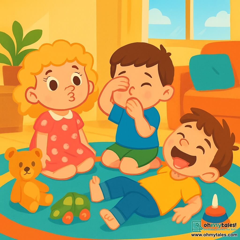 There are three characters: Rosie, a 7-year-old girl with curly blonde hair, wearing a pink dress with white polka dots. She is sitting on the carpet with a mischievous smile on her face. Max, her 7-year-old twin brother with short brown hair, is next to Rosie, making a funny face to avoid laughing while wearing a blue t-shirt and green shorts. Timmy, a 5-year-old boy with brown hair and sparkling eyes, is lying on the carpet, laughing joyfully in a yellow t-shirt and denim pants. The scene takes place in a warm living room with a colorful rug, fluffy cushions, and scattered toys. The pastel yellow walls and a large window letting in sunlight create a cheerful atmosphere. The main situation shows the three children playing a "don't laugh" game, trying to keep serious faces while making funny grimaces. Rosie makes a funny fish face, Max covers his eyes to avoid laughing, and Timmy, sticking out his tongue, pretends to be a little frog, causing bursts of laughter.