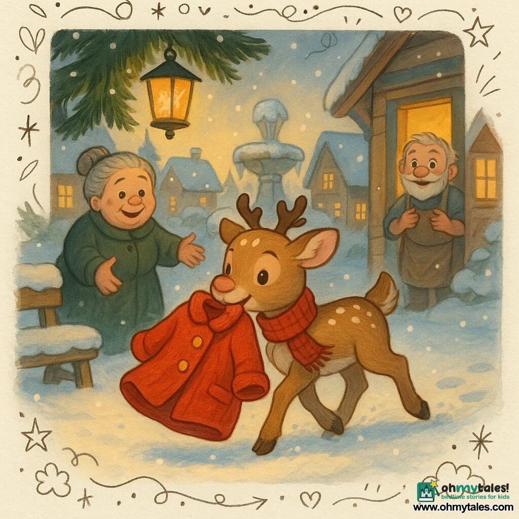 A light brown young reindeer with big gentle eyes and a pink muzzle, small white spots on its forehead, wearing a red knitted scarf, delicately holds a bright red coat with gold buttons in its teeth and trots across crisp snow; Mrs. Mistletoe, a round smiling elderly woman with gray hair in a bun and a fir-green coat, stands left by a snow-covered wooden bench with her hand out in gratitude as the reindeer returns the coat to her to give back to Mr. Claus; Mr. Claus, a small toymaker with short white beard and mustache and laughing eyes, wearing a dusty work apron, stands in a bright workshop at right looking pleasantly surprised; the setting is a snowy village square at dusk with a frozen fountain, yellow lanterns hanging from pine branches, snow-laden wooden houses with warm window lights, a warm festive Festival of Lights atmosphere, strong contrast between the red coat and bright white snow, and tiny sparks of light around the lanterns.