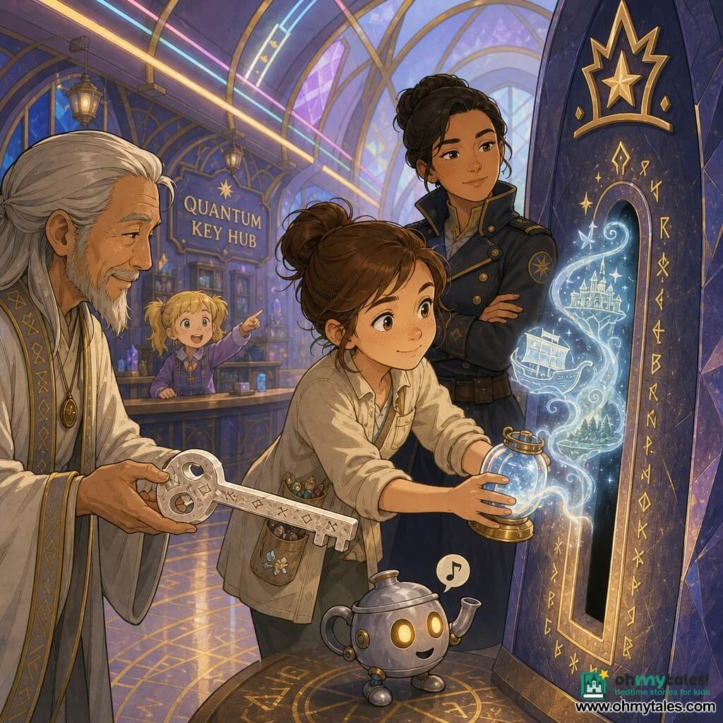 Main woman: Mira, soft-faced with freckles and loosely pinned brown hair, attentive and proud, holding a small floating misty glass lantern, wearing a light beige smock with pockets of shiny objects, approaching a runic keyhole. Secondary 1: Captain Sola, ~40, tanned, dark utility jacket with shiny buttons, calm vigilant gaze, standing slightly behind Mira to her right with arms crossed. Secondary 2: Elder Jun, ~70, long gray hair and laughing eyes, simple rune-patterned robe, left of Mira offering a long white stone key with a gentle focused posture. Secondary 3: Pip, a small silver teapot-shaped robot with round feet and lamp-eyes, at Mira’s feet whistling happily. Observing child: ~6-year-old blonde girl in pigtails with wide eyes, standing behind a counter in the background, pointing in wonder. Location: inside the Quantum Key Hub — a large vaulted chamber with a warm glossy floor etched with fine golden runes, multicolored light rails on the ceiling, a dark crystal archway adorned with a star-crown symbol, soft pastel lighting (blues, violets, golds). Main situation: Mira inserts the mist-lantern into the runic keyhole of the old door; the mist forms luminous images above the slot, onlookers watch with relief, calm magical atmosphere, composition centered on lantern and key, clear graphic style, soft lines, warm colors and subtle contrasts.