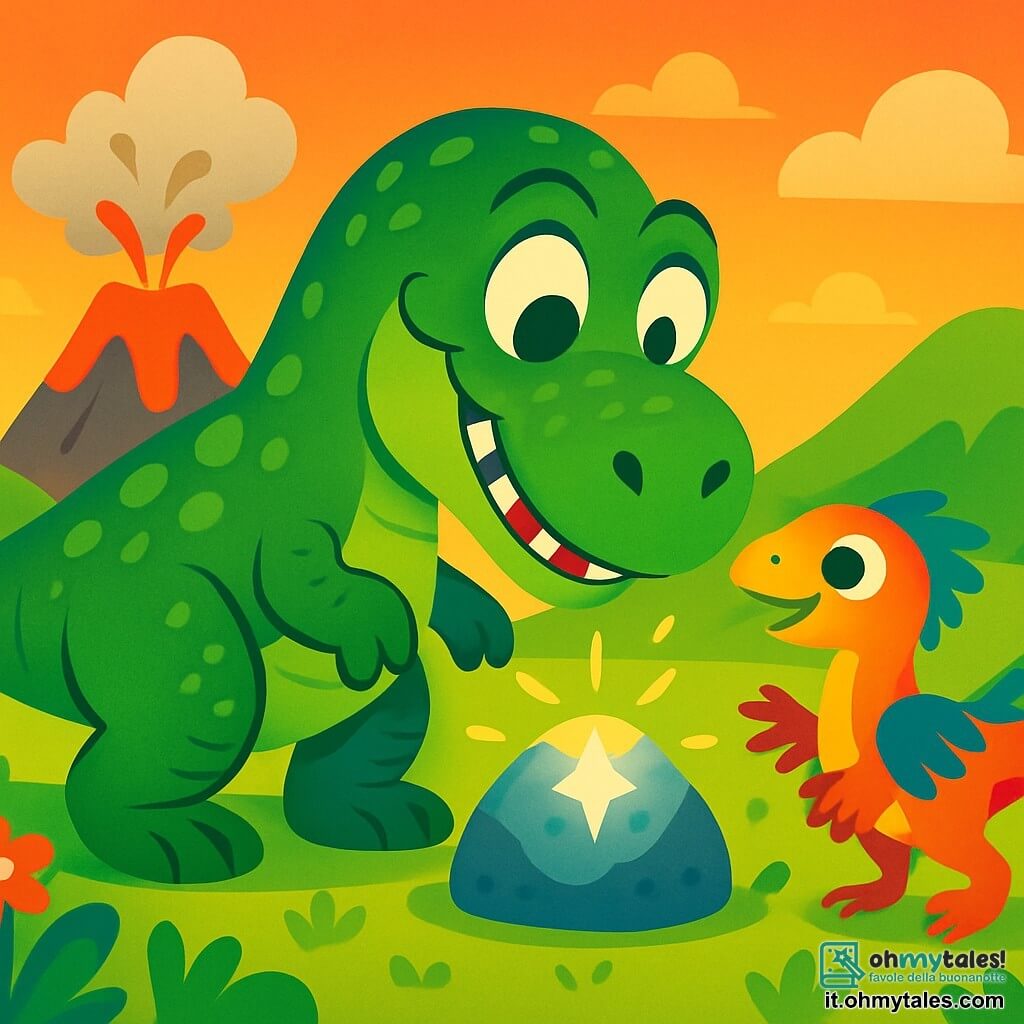 Un Tyrannosaurus Rex, grande e imponente, con una pelle verde brillante e squame lucenti, si trova vicino a un vulcano in eruzione, i suoi occhi rotondi e curiosi brillano di eccitazione. Tocca una pietra scintillante con il suo grosso naso, un sorriso gioioso sul volto. Nelle vicinanze, un piccolo dinosauro, un velociraptor dalle piume colorate, osserva Tino con occhi meravigliati, le sue zampe agili pronte a balzare. Il paesaggio è pieno di colline verdi, fiori colorati e un cielo arancione splendente, mentre il vulcano emette nuvole di fumo grigio. Tino scopre la pietra magica che brilla sotto il sole, creando un'atmosfera di meraviglia e avventura.