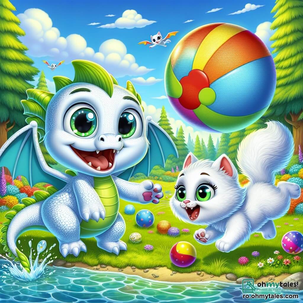 Un mic dragon pe nume Zippy, cu solzi strălucitori de culoare albă și aripi mici, se joacă vesel cu o minge mare colorată pe marginea unui lac strălucitor. Zâmbește larg, iar ochii îi strălucesc de fericire. Lângă el, o pisicuță adorabilă și pufoasă, Miau, cu blană albă și ochi verzi strălucitori, sare cu entuziasm pentru a prinde mingea, cu fața plină de bucurie. Decorul este o pădure verde, plină de copaci majestuoși și flori colorate, sub un cer albastru deschis cu nori pufoși. Scena surprinde momentul magic al jocului lor, simbolizând prietenia și bucuria împărtășită între doi prieteni nedespărțiți.