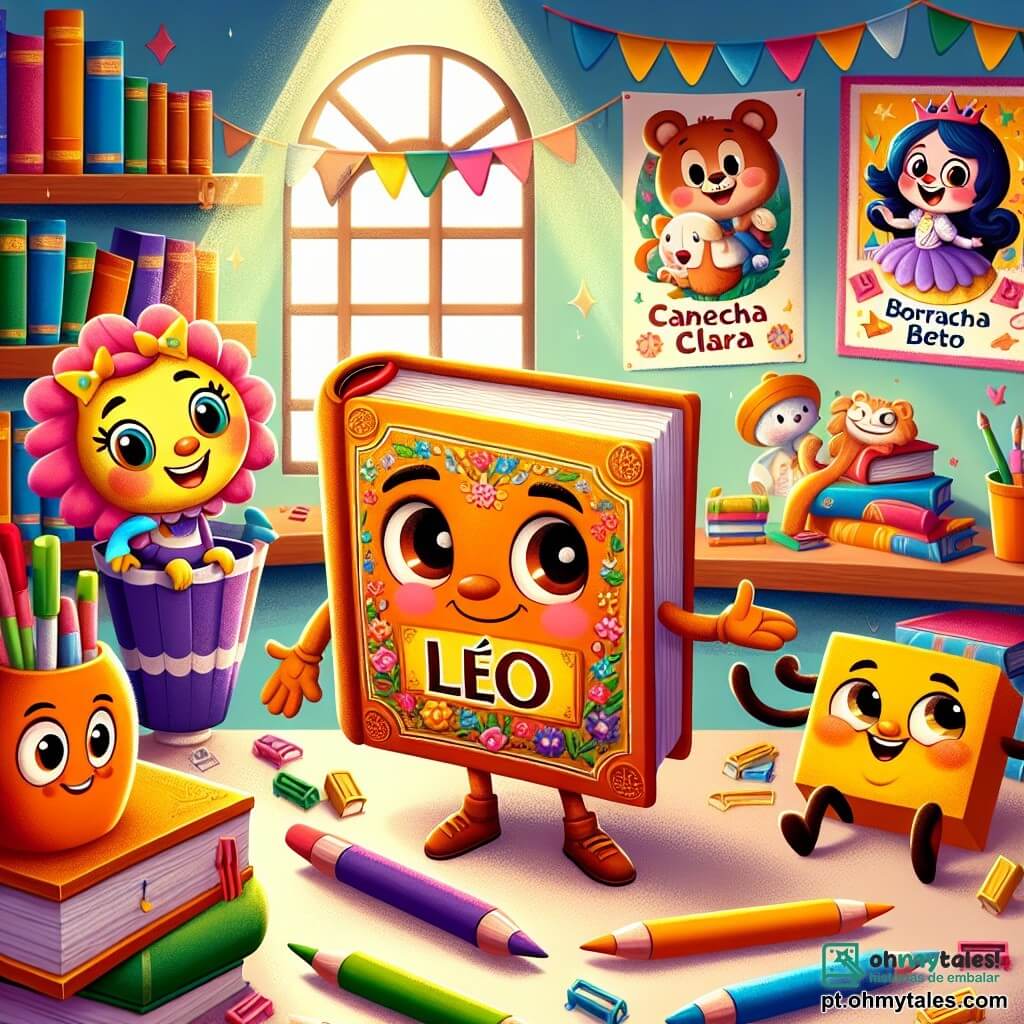 O personagem principal, Léo, é um livro de páginas coloridas, com ilustrações de contos na capa. Ele tem uma expressão alegre e curiosa, suas páginas se abrem levemente como se estivesse pronto para contar uma história. Ao lado dele está Caneta Clara, um marcador colorido com um sorriso radiante, que dança alegremente na mesa, cheia de energia. Um pouco mais distante, Borracha Beto, uma borracha engraçada com olhos brilhantes, faz caretas divertidas, acrescentando um toque de comédia à cena. A cena acontece em uma biblioteca iluminada, com prateleiras cheias de livros coloridos, raios de sol filtrando pelas janelas, iluminando as páginas dos livros. Cartazes de contos e personagens de desenhos animados decoram as paredes, criando uma atmosfera acolhedora e mágica. A situação principal mostra Léo, Caneta Clara e Borracha Beto reunidos em torno de uma mesa, criando suas próprias histórias, cercados por lápis, papéis coloridos e risadas, ilustrando a alegria do início do ano escolar e a amizade nascendo entre esses personagens fantásticos.