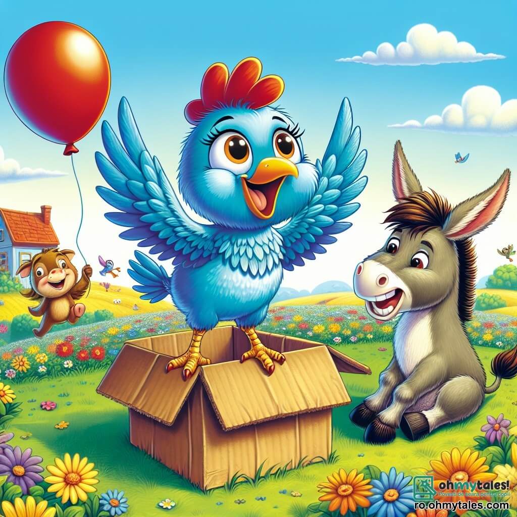O găină veselă pe nume Lenuța, cu pene de un albastru viu și un cioc mic de aur, stă pe o cutie de carton, cu aripile desfăcute, privirea uimită și un zâmbet mare pe față, pregătită să decoleze. Lângă ea, un măgar pe nume Ghiță, cu blană gri și urechi lungi, râde uitându-se la ea, așezat pe iarba verde, cu picioarele încrucișate. În fundal, un câmp colorat cu flori strălucitoare și un cer albastru deschis presărat cu nori albi creează o atmosferă jucăușă. Scena o reprezintă pe Lenuța pregătindu-se să facă un zbor improvizat cu un mare balon roșu, în timp ce prietenii ei animale o încurajează cu râsete și strigăte de entuziasm.
