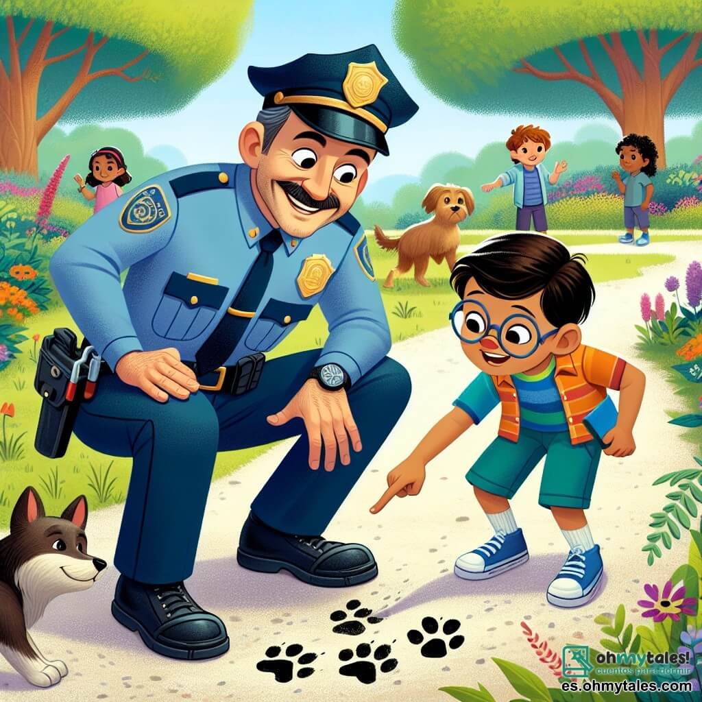 El personaje principal es un hombre policía, con una sonrisa amable y un gran bigote negro. Lleva un uniforme azul impecable y está agachado examinando huellas en el suelo, mostrando curiosidad y determinación. A su lado está Sofía, una niña de aproximadamente 8 años, con largos cabellos castaños y gafas redondas, que señala las huellas con asombro. Un poco más lejos, Tomás, un niño de 9 años con el cabello corto y desordenado, observa atentamente, tomando notas en un pequeño cuaderno. La escena transcurre en un parque verde, lleno de árboles y flores, con un camino de grava. Al fondo, un grupo de perros juega alegremente, y un banco de madera invita a descansar bajo un gran roble. La situación principal muestra al policía y a los niños en plena investigación de las huellas misteriosas, rodeados de curiosidad y aventura, listos para resolver el misterio de las flores desaparecidas.