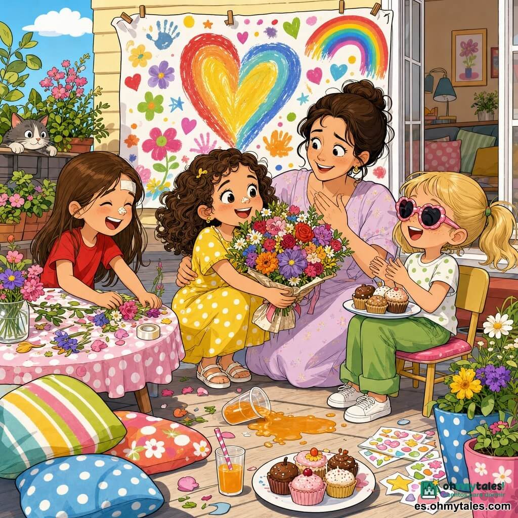 Hay cuatro personajes: Sofía, niña de 6 años, pelo castaño rizado, vestido amarillo con lunares blancos, agachada en el centro sonriendo, sosteniendo un gran ramo y señalando un mural; Valentina, niña de 6 años, pelo liso castaño, camiseta roja, a la izquierda con cinta adhesiva en la frente y una mancha de pegamento en la nariz, riendo y poniendo flores sobre el mantel; Martina, niña de 6 años, pelo rubio en coletas, pantalón verde, a la derecha en una silla pequeña con gafas de sol de juguete, aplaudiendo y sosteniendo una bandeja de pasteles; y la madre (30–35 años), pelo castaño oscuro recogido, vestido pastel, sentada en el suelo entre ellas con los brazos alrededor de las niñas, emocionada mirando el ramo y el mural. Lugar: terraza soleada con macetas de flores, cojines coloridos, mesa pequeña con mantel de lunares y suelo de madera clara, ventana abierta al salón donde cuelga un gran mural multicolor. Situación: picnic sorpresa por el Día de la Madre en ambiente alegre y cálido; detalles visibles: jugo derramado, pasteles, pegatinas, pétalos esparcidos y un gato curioso detrás de una jardinería.