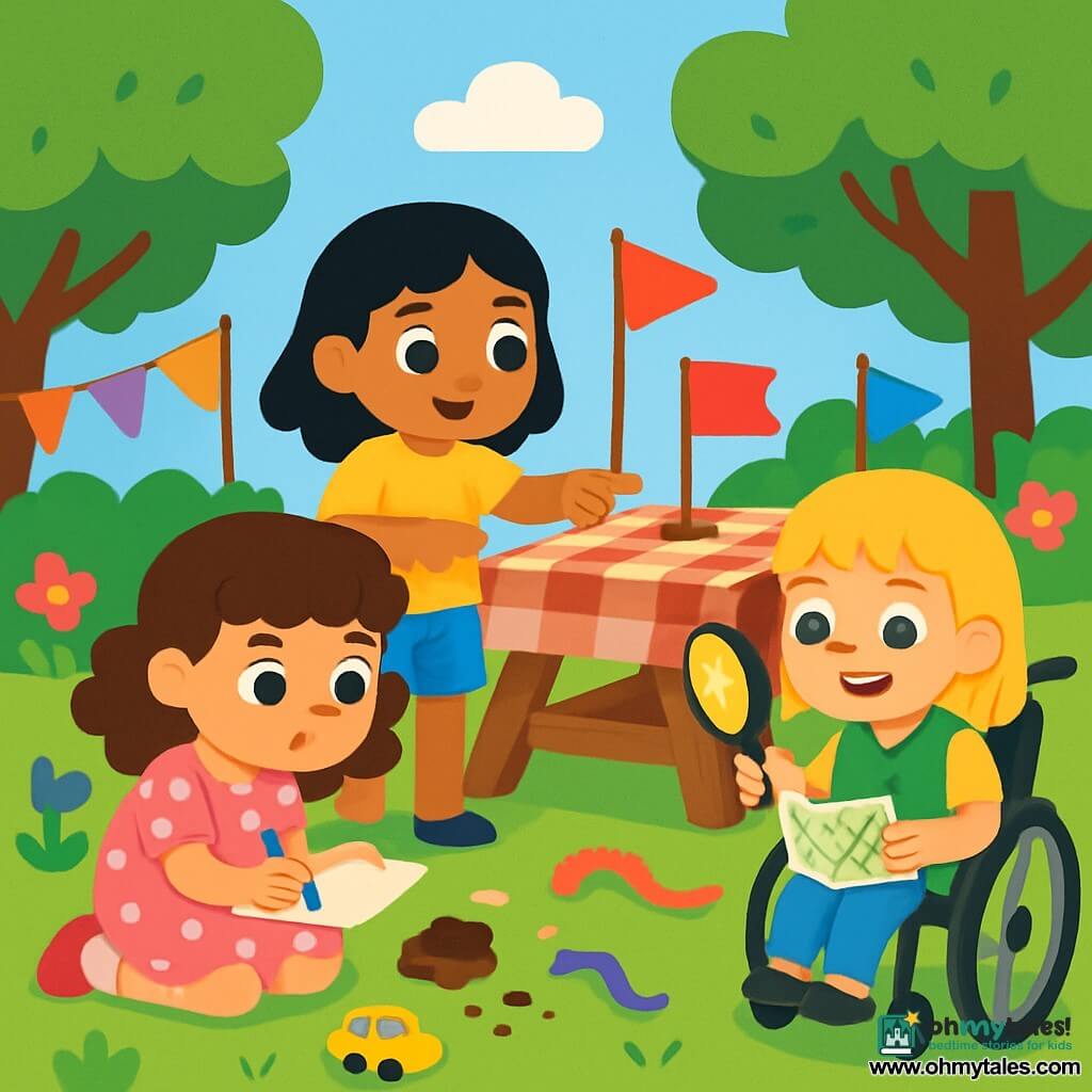 There are three characters: Mia, a 4-year-old girl with brown curly hair wearing a pink polka dot dress, sitting on the grass holding a pencil and paper with a focused look; Noor, a 4-year-old girl with straight black hair in a bright yellow t-shirt and blue shorts, standing next to Mia pointing at a small red flag on the picnic table; and Bea, a 4-year-old girl with blonde bangs sitting in a small wheelchair, wearing a green vest with a clip lamp attached to her clothing, smiling while holding a map and illuminating the clues around her. The setting is a sunny garden filled with colorful flowers and green trees, with a large picnic table at the center covered in a checkered tablecloth, colorful flags fluttering on sticks around the table, and toys scattered on the grass. The main scene shows the three friends on a quest, searching for missing flags, carefully examining the ground surrounded by small clues like cake crumbs and colorful ribbons, with expressions of curiosity and excitement on their faces.