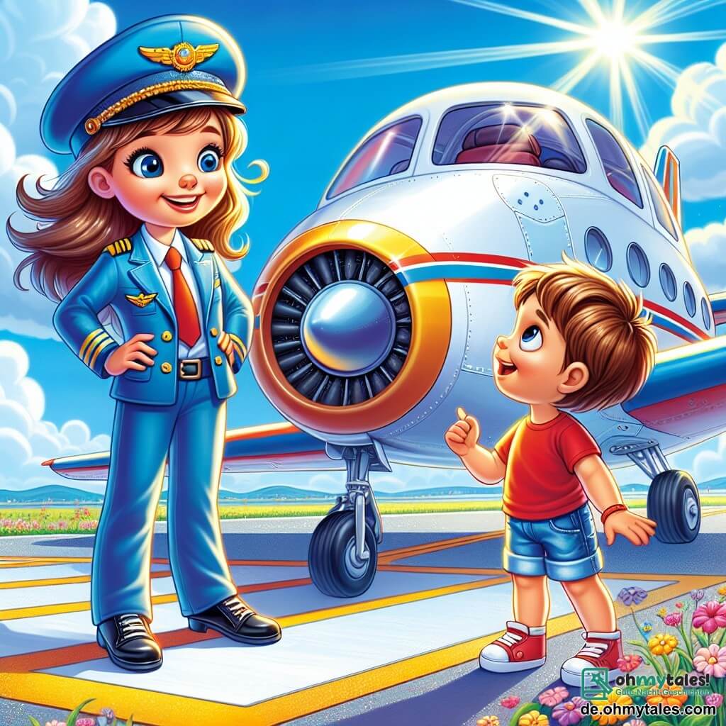 Eine junge Pilotin, Lara, lächelt fröhlich in einer glänzenden blauen Pilotenjacke und einer schief sitzenden Kappe. Ihre braunen Haare wehen sanft im Wind, während sie neben einem großen weißen Flugzeug steht, das zum Abheben bereit ist. Tom, ein neugieriger etwa 7-jähriger Junge, steht neben ihr mit weit aufgerissenen Augen und einem breiten Lächeln. Er trägt ein rotes T-Shirt und eine Jeansshorts und schaut fasziniert auf das Cockpit des Flugzeugs. Die Szene spielt auf einer sonnigen Landebahn, umgeben von weißen, flauschigen Wolken in einem strahlend blauen Himmel. Das Flugzeug glänzt in der Sonne, und bunte Blumen wachsen entlang der Landebahn. Lara erklärt Tom, wie sie das Flugzeug steuern wird, während sie sich auf ein Abenteuer im Himmel vorbereiten.